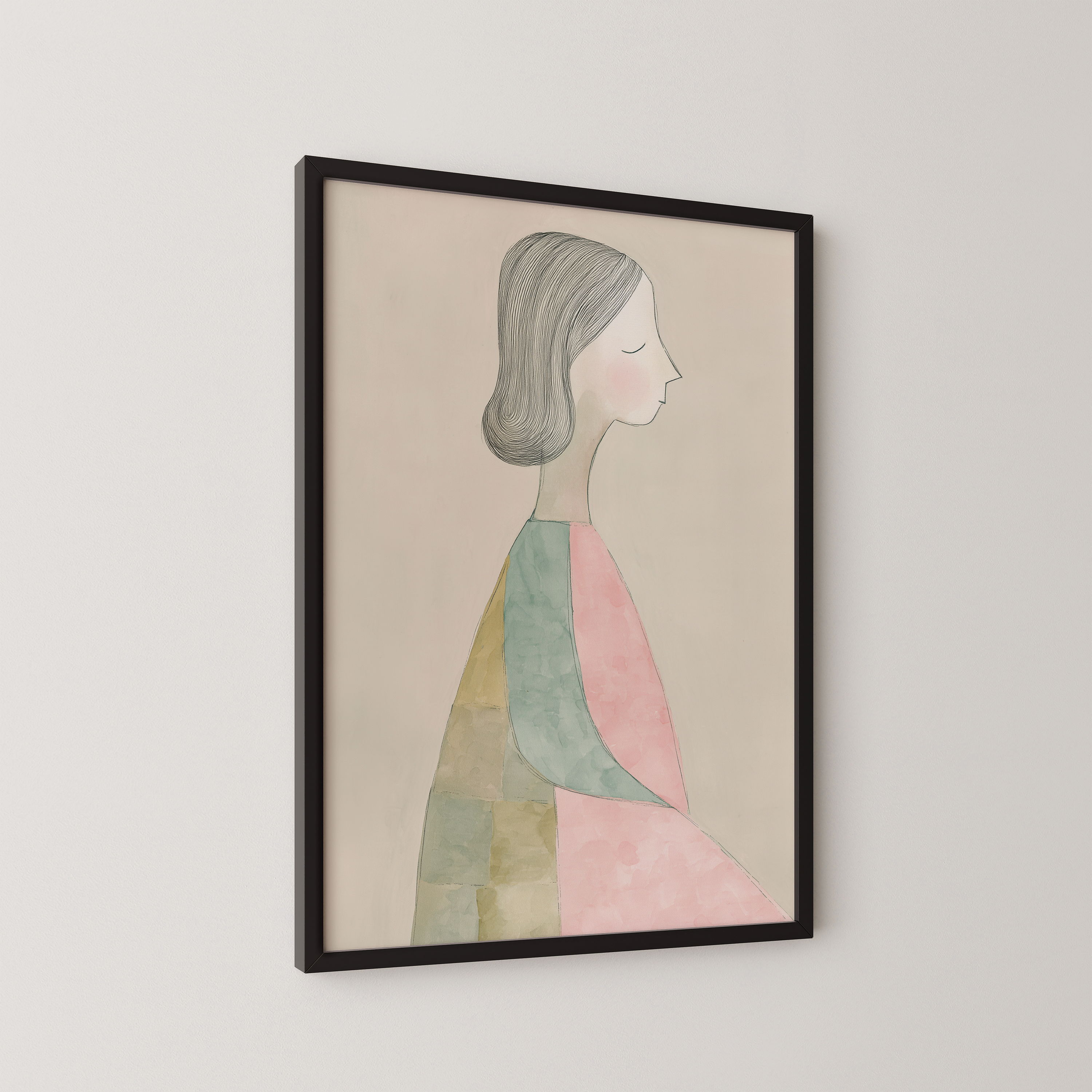 יצירה ממוסגרת של דמות נשית בפרופיל, בקווים עדינים ובגווני ורוד וירוק, בסגנון איור מינימליסטי, מתוך קולקציית הדמויות של Trausi+Tosh.