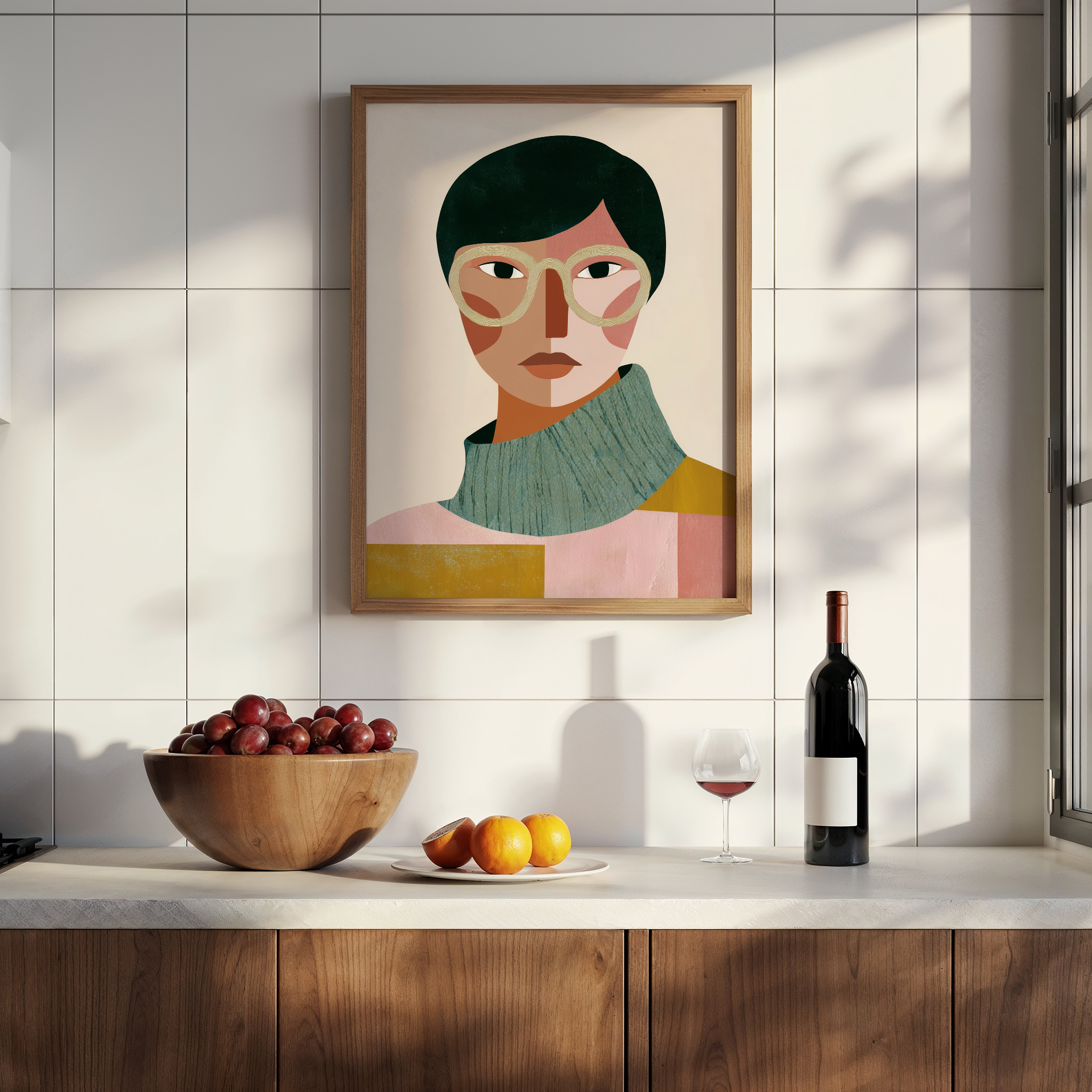 דיוקן גיאומטרי מודרני בשם Lioren בצבעי ורוד, חרדל ותכלת, דמות עם משקפיים גדולים ומבט רגוע.