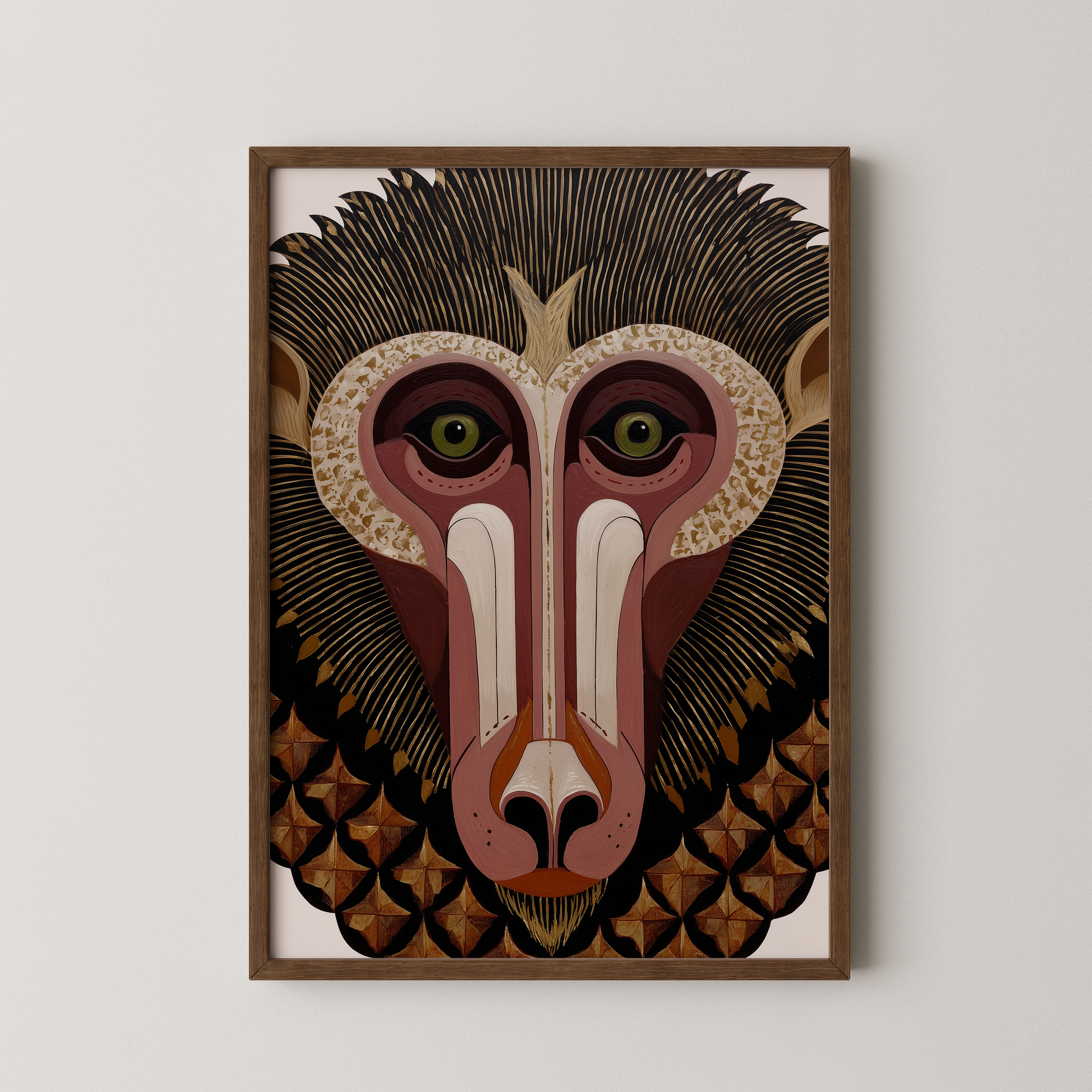 דיוקן גרפי של דמות חייתית בסגנון שבטי, בצבעי חום וזהב, מתוך סדרת Totemoro של Trausi+Tosh.