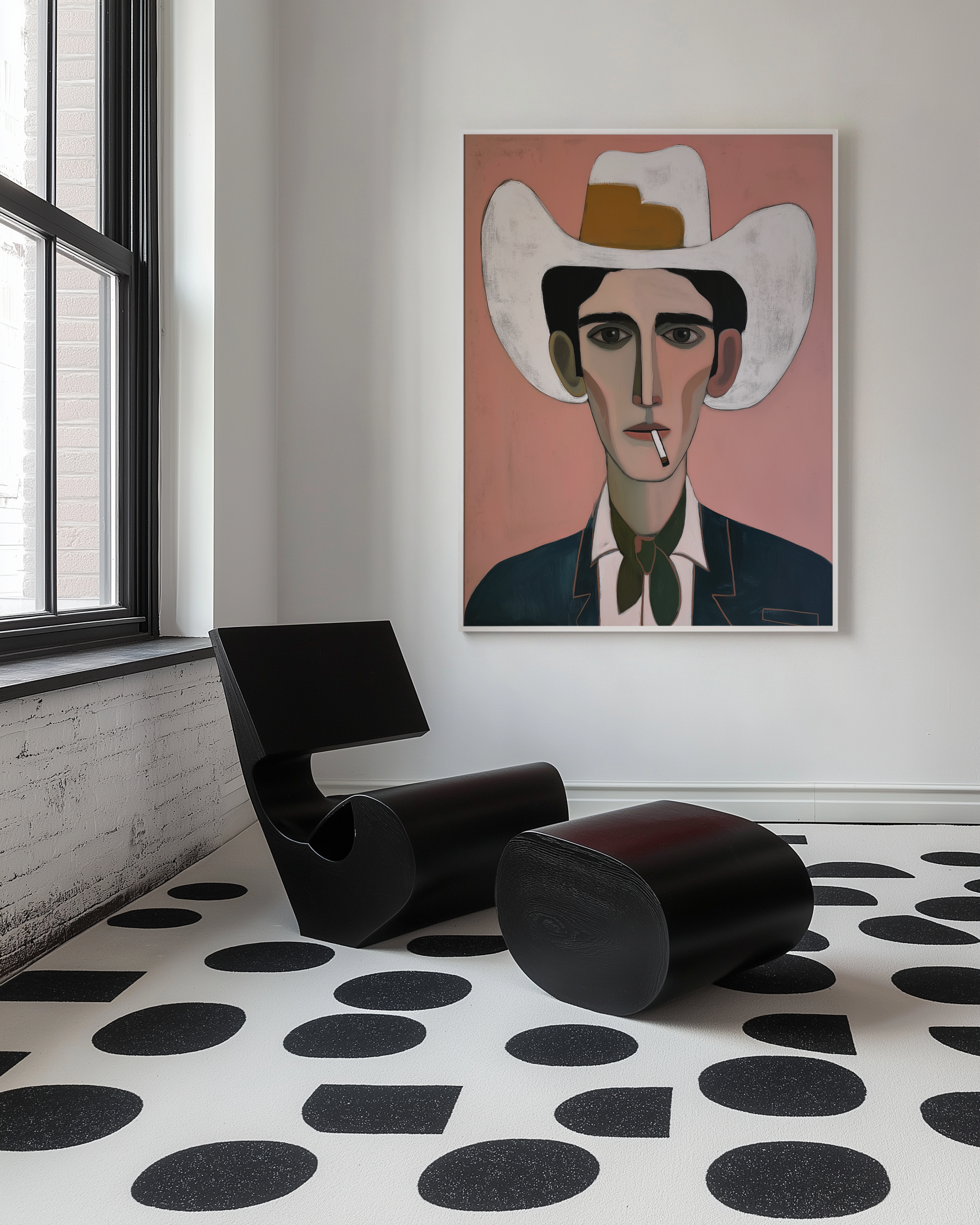 יצירה אמנותית עם דמות גברית מאוירת, כובע רחב, צבעי ורוד וירוק, סגנון מודרני מינימליסטי