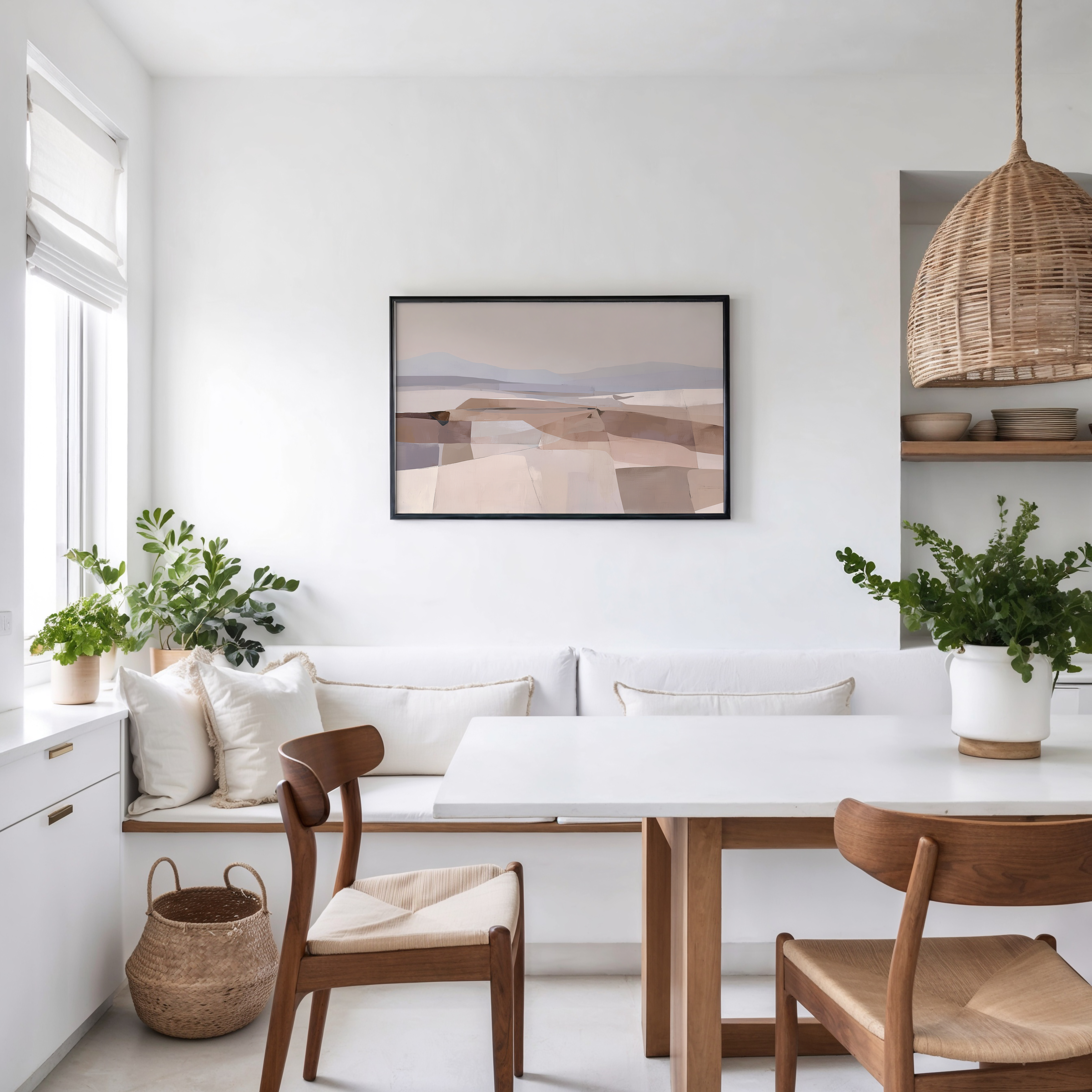 יצירת אמנות מופשטת-נופית בגווני חול, חום ואפור בהירים במסגרת עץ – Serava.