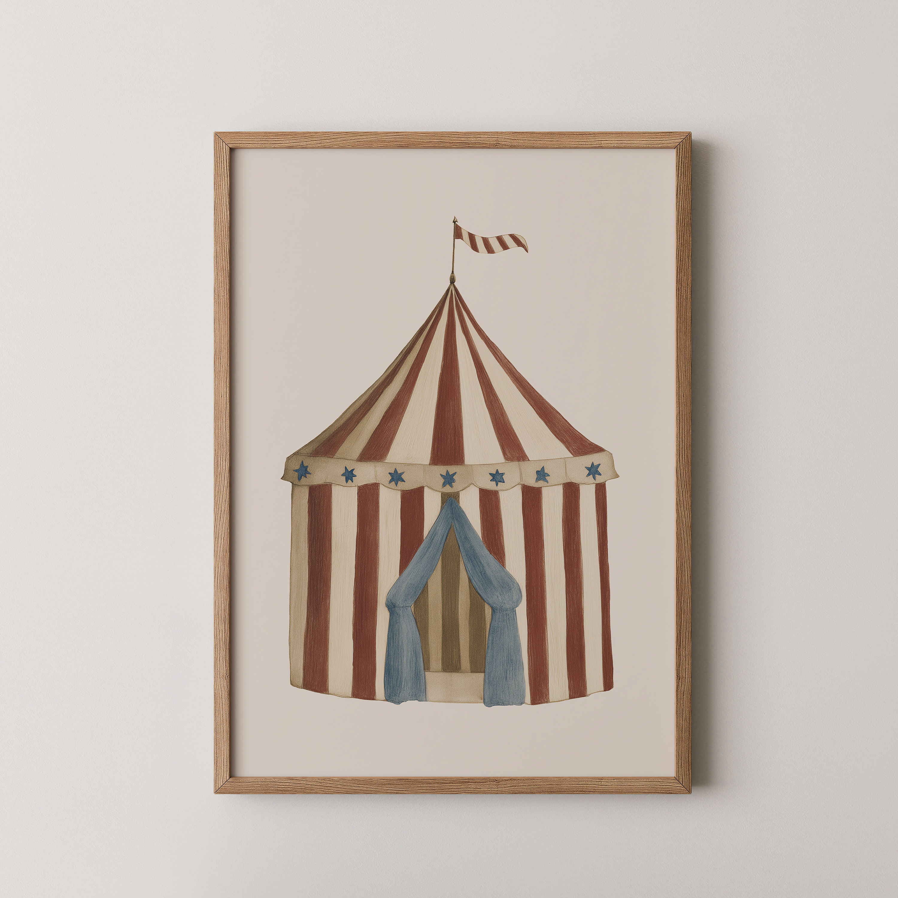 איור של אוהל קרקס בפסי טרקוטה ושמנת עם וילונות כחולים, בסגנון נורדי מינימליסטי