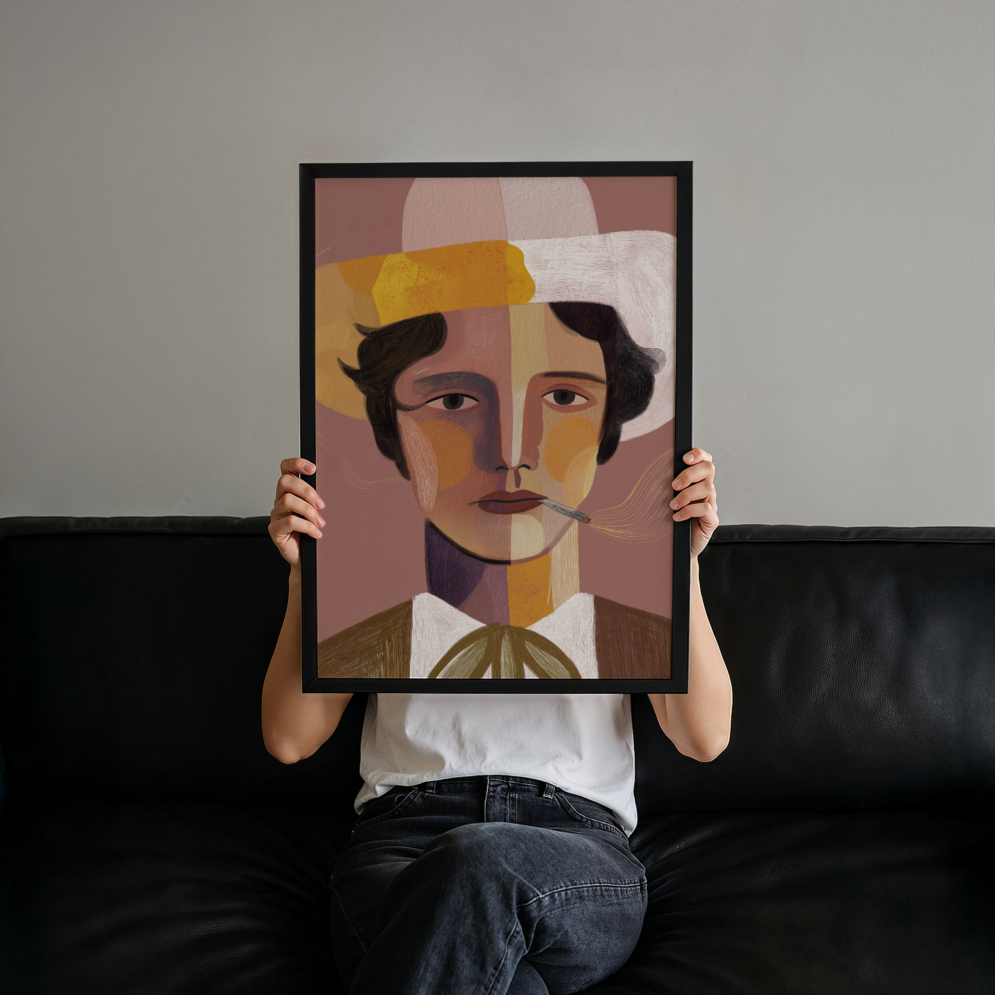 יצירה ממוסגרת של דמות גברית בשם Armand בסגנון אמנותי מודרני ובצבעים עמוקים