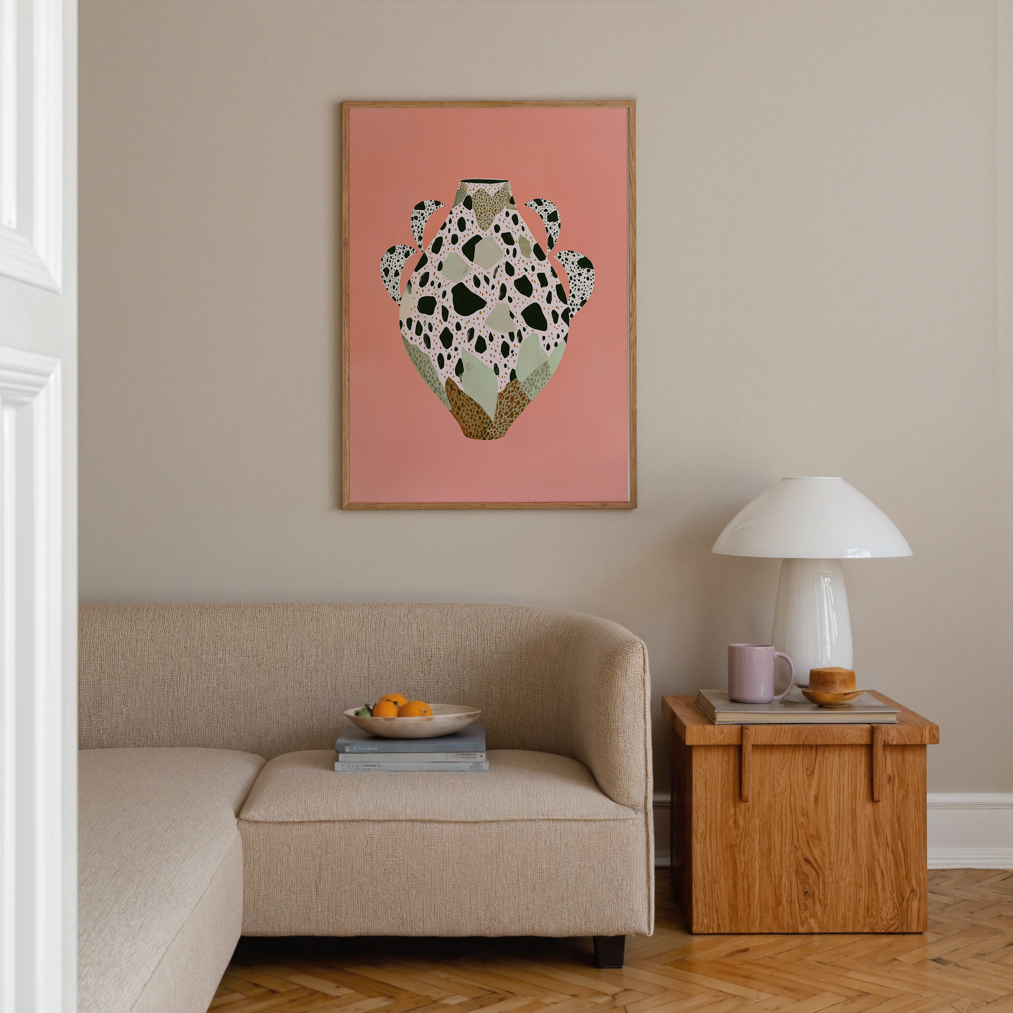הדפס אמנותי מופשט של כלי דקורטיבי בצבעי ורוד, ירוק ושחור בסגנון מודרני – Arova