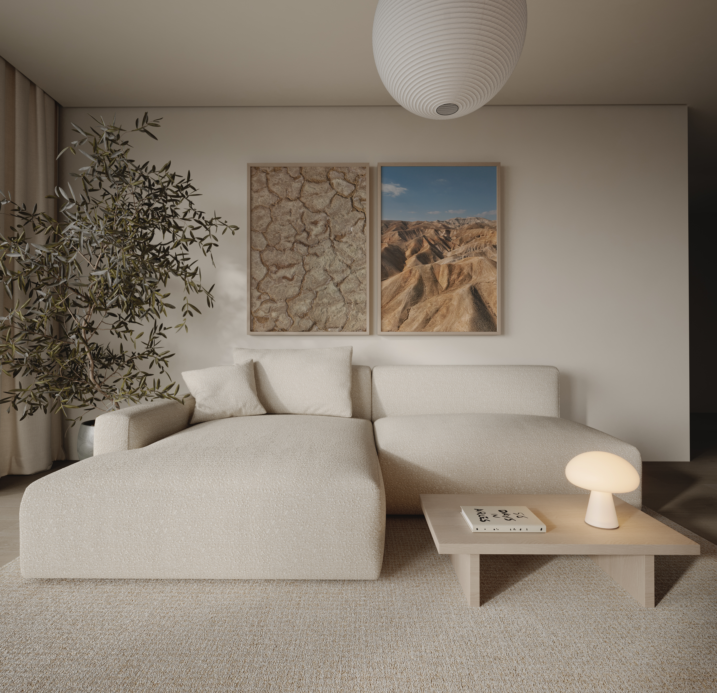 סט צילומים ממוסגר של חן כליפה לוי – אדמת מלח סדוקה ומרקם מדברי לצד רכסי נבי מוסא בגווני חול ושמיים כחולים