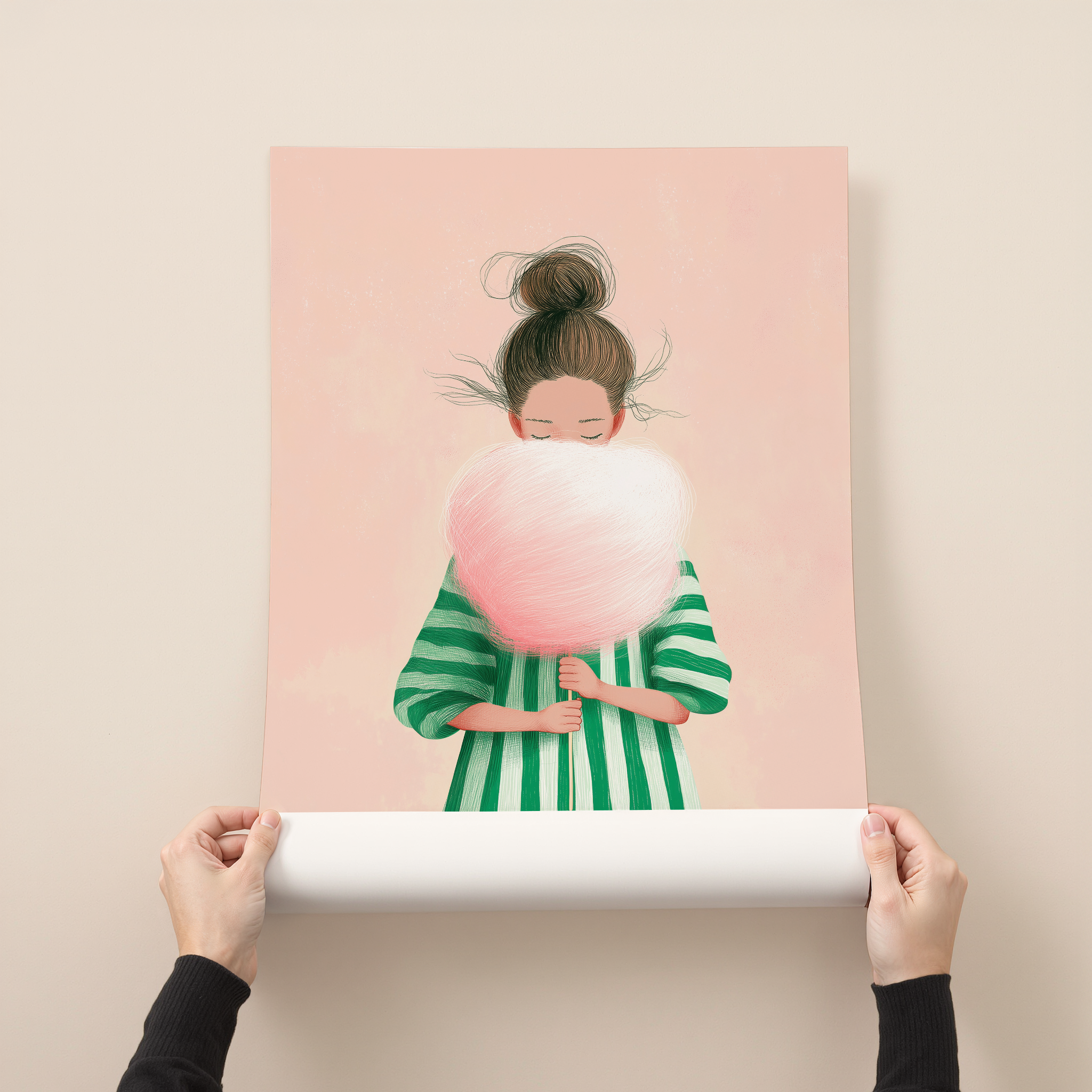 איור אמנותי של ילדה אוחזת בצמר גפן מתוק בגוונים רכים, הדפס אמנותי מודרני בסגנון עדין  טראוזי וטוש