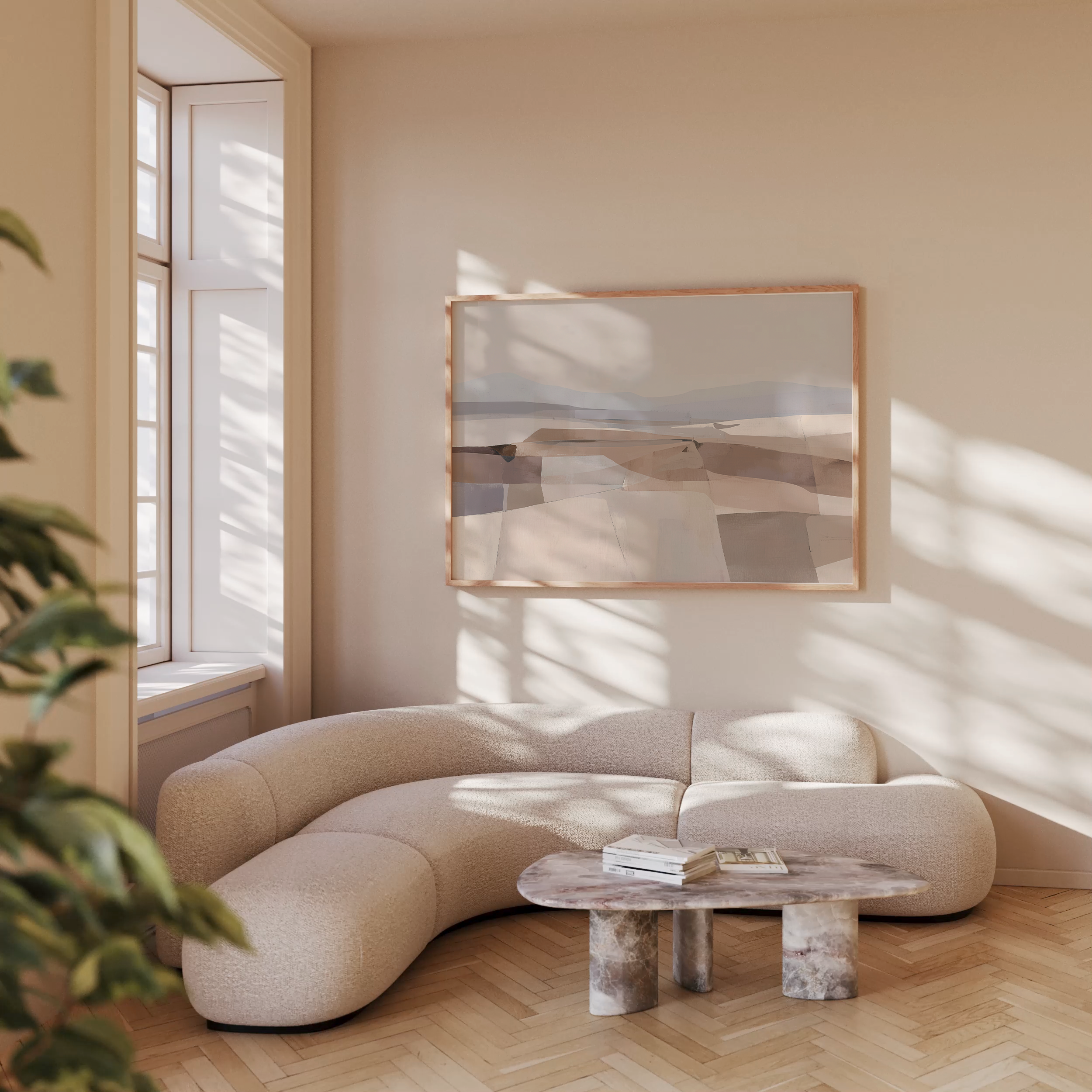 יצירת אמנות מופשטת-נופית בגווני חול, חום ואפור בהירים במסגרת עץ – Serava.