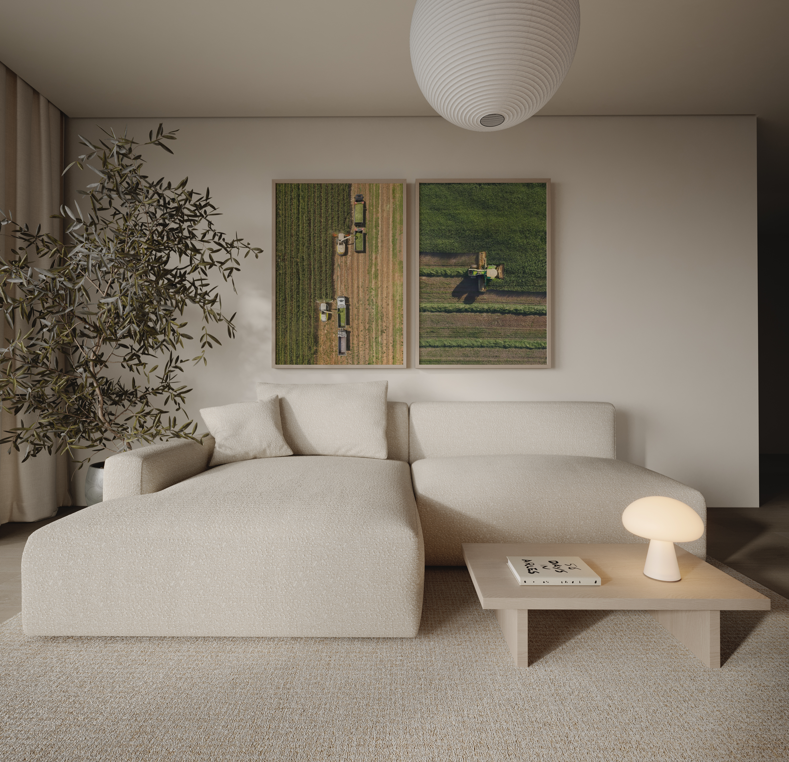 סט צילומים ממוסגרים של שדות חקלאיים בזמן קציר, מבט אווירי על תלמים ירוקים ומכונות קציר, צילום מאת חן כליפה לוי