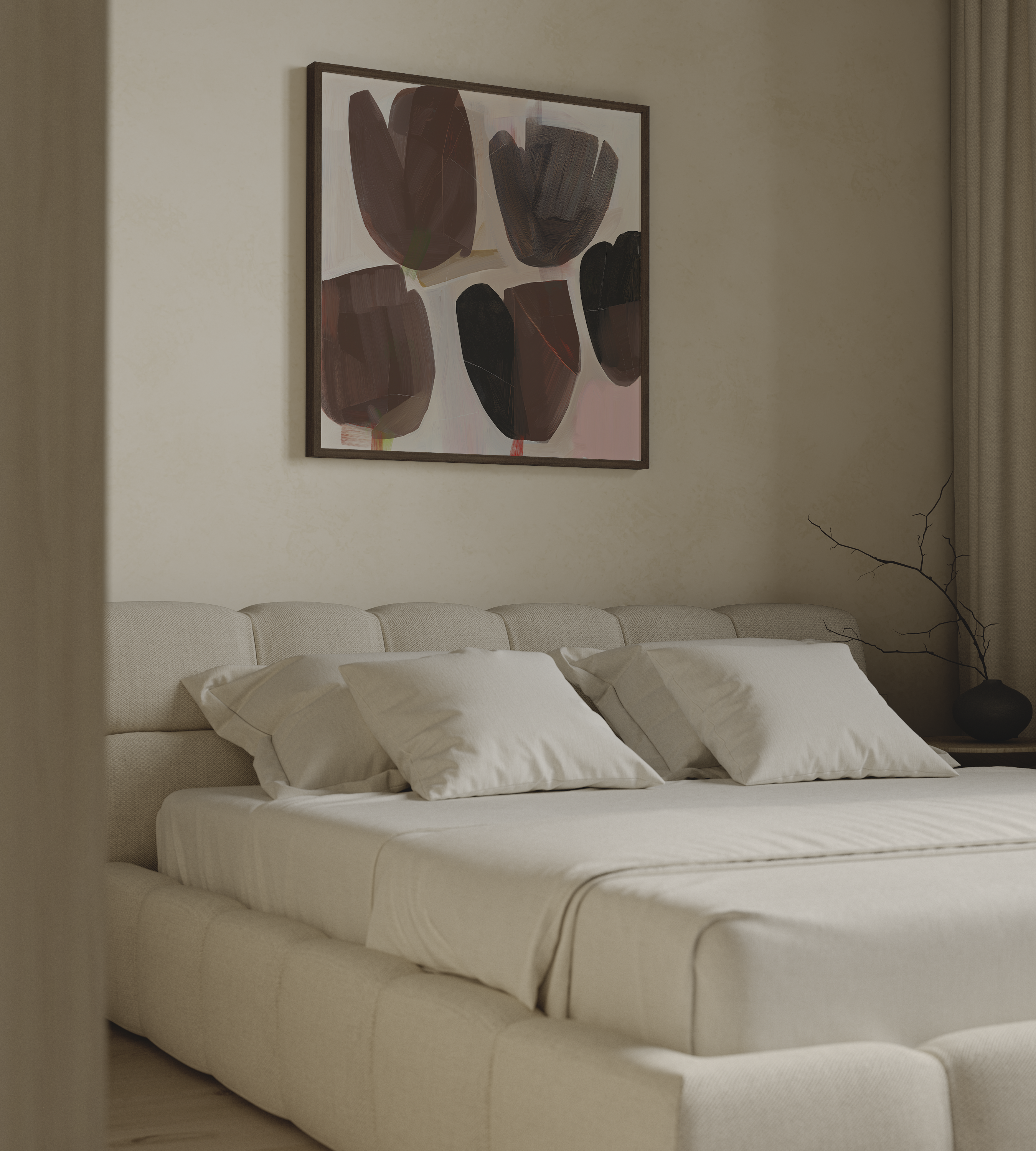 יצירת אמנות מופשטת בגווני חום כהה, בורדו ופחם על רקע בהיר, קומפוזיציה אורגנית עם נוכחות עמוקה במסגרת עץ.