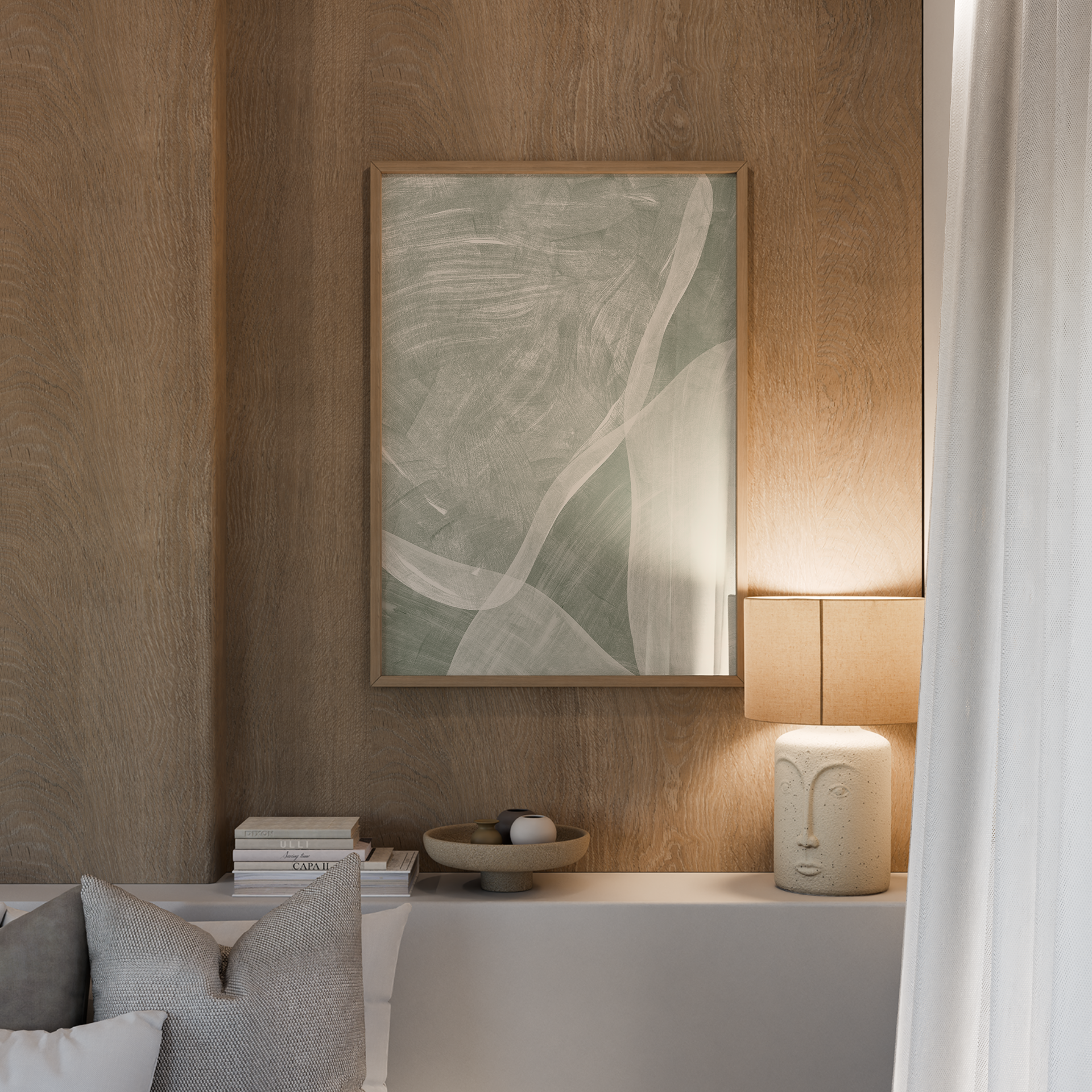 יצירת אמנות אבסטרקטית בגווני ירוק מרווה עם טקסטורה עדינה במסגרת לבנה