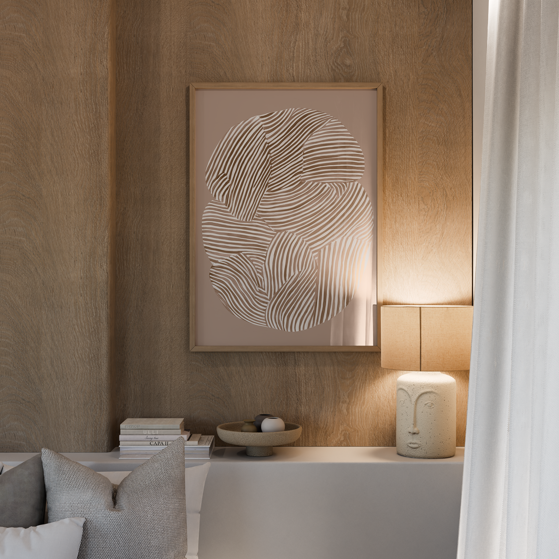 הדפס אמנותי מופשט בשם Luma עם צורות אורגניות וקווים לבנים בגוונים טבעיים, ממוסגר במסגרת עץ