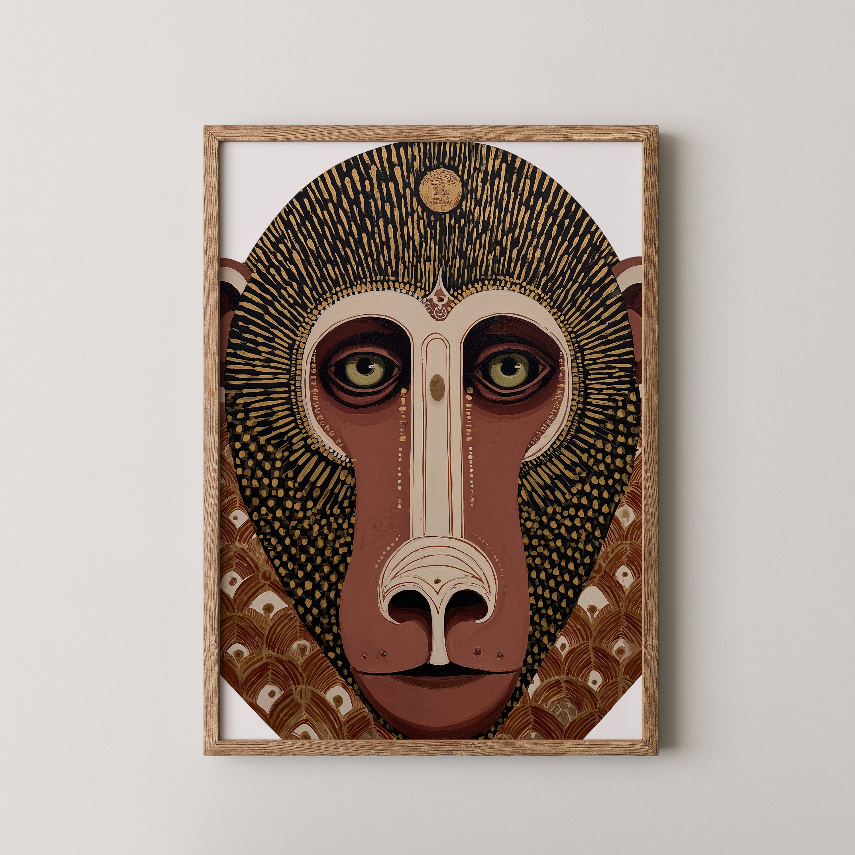 יצירת אמנות גרפית Totemiris בצבעוניות חמה ופרטים סימטריים, במסגרת עץ טבעית