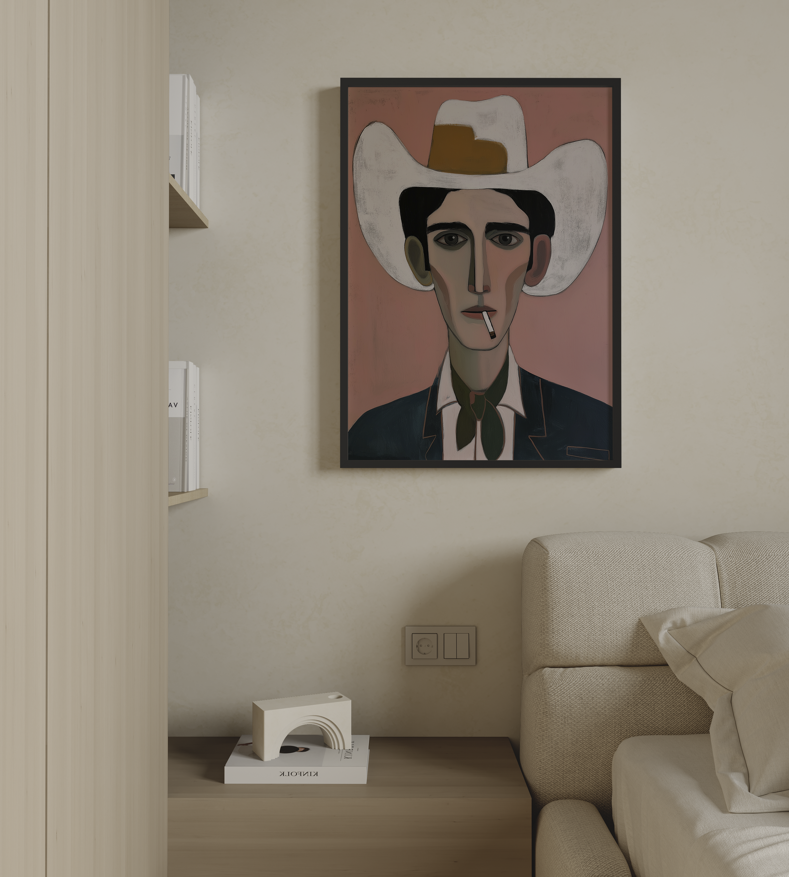 יצירה אמנותית עם דמות גברית מאוירת, כובע רחב, צבעי ורוד וירוק, סגנון מודרני מינימליסטי