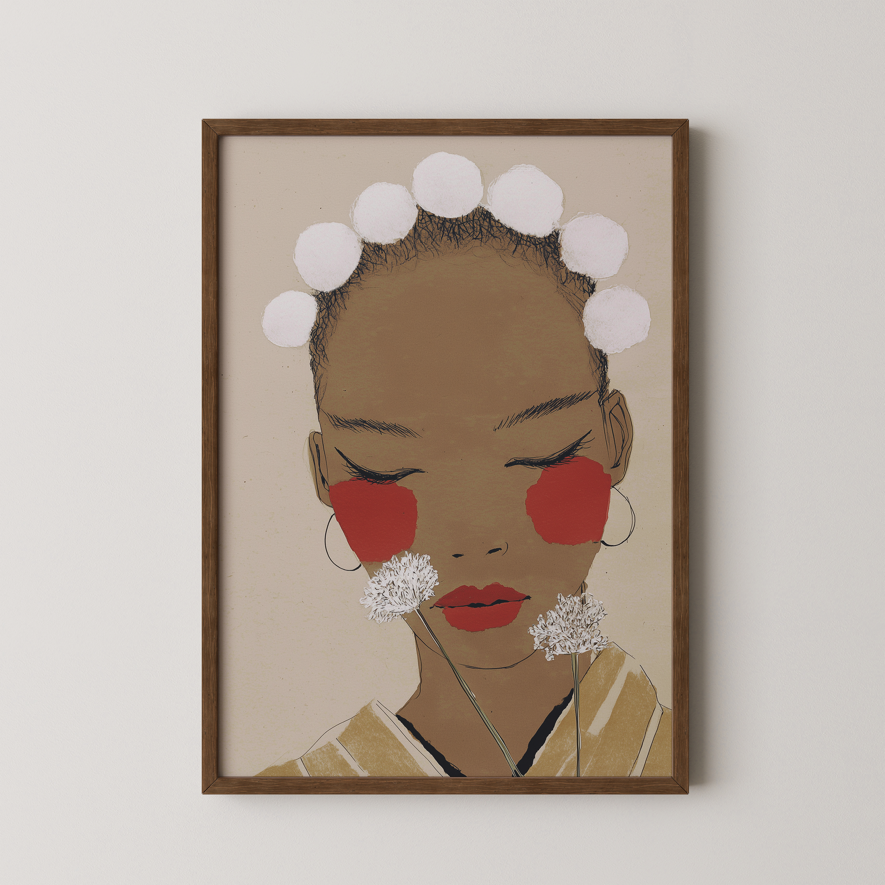 איור של דמות נשית בעיניים עצומות עם רקע ניטרלי, לחיים אדומות ופרחי שומר לבנים – יצירה מינימליסטית מהקולקציה של Trausi+Tosh
