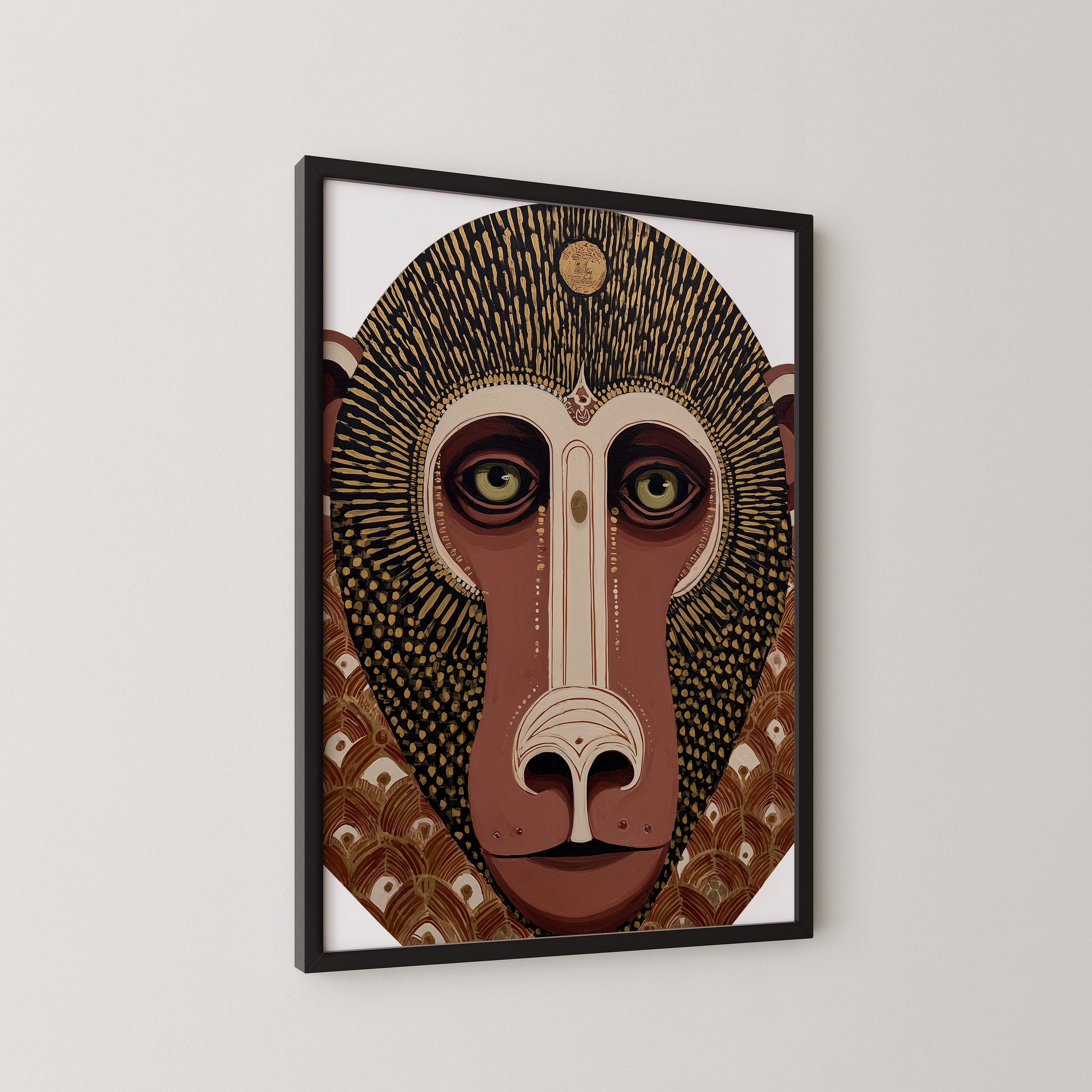 יצירת אמנות גרפית Totemiris בצבעוניות חמה ופרטים סימטריים, במסגרת עץ טבעית