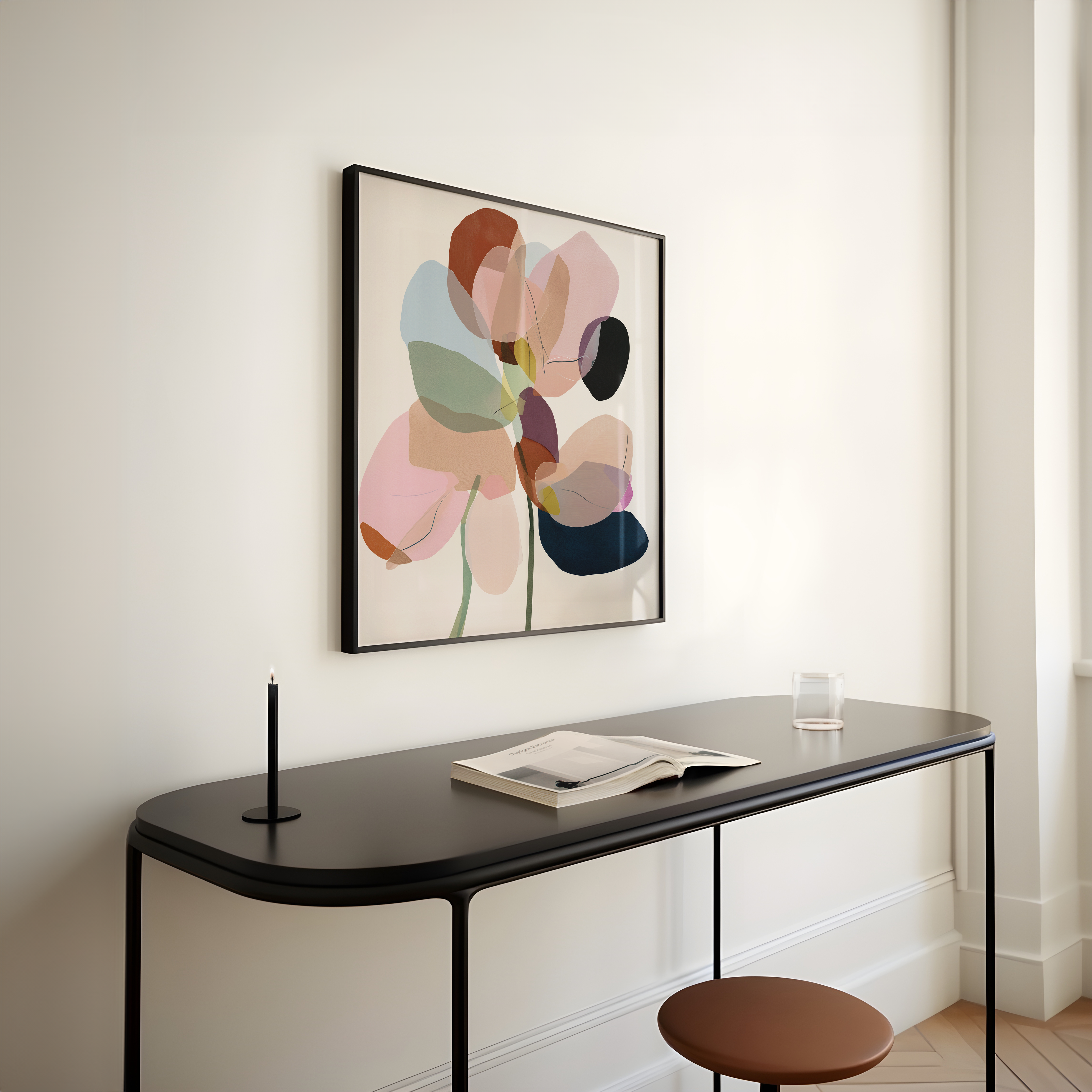 יצירה ממוסגרת Elins עם צורות אורגניות ושכבות צבע רכות בסגנון מודרני מינימליסטי