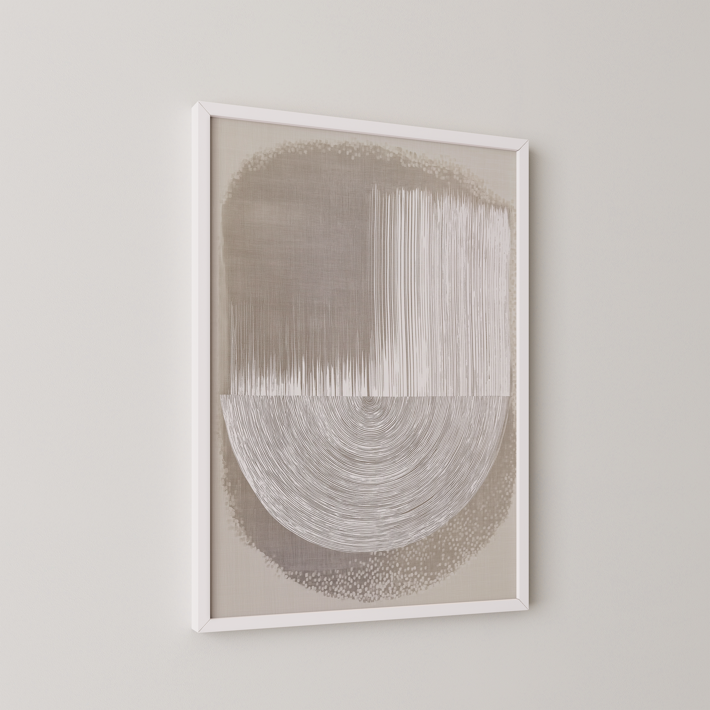 Elvior – יצירת אמנות מופשטת בגווני בז’ ואבן עם חצי מעגל תחתון וטקסטורה אנכית עליונה, ממוסגרת בעץ טבעי