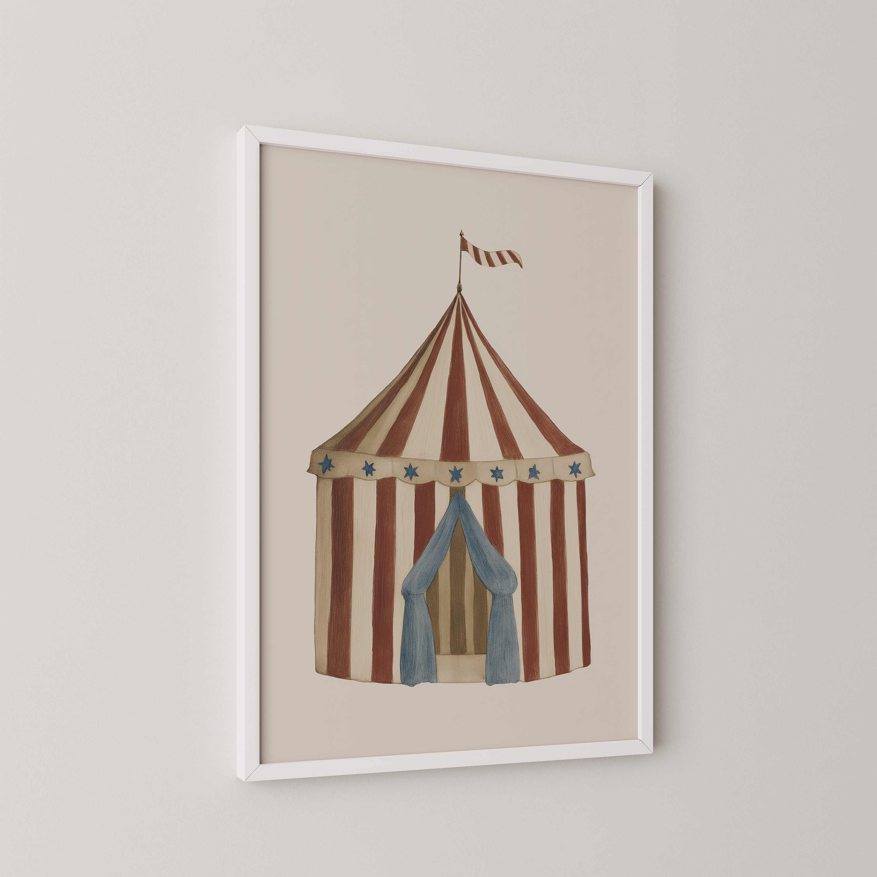 איור של אוהל קרקס בפסי טרקוטה ושמנת עם וילונות כחולים, בסגנון נורדי מינימליסטי