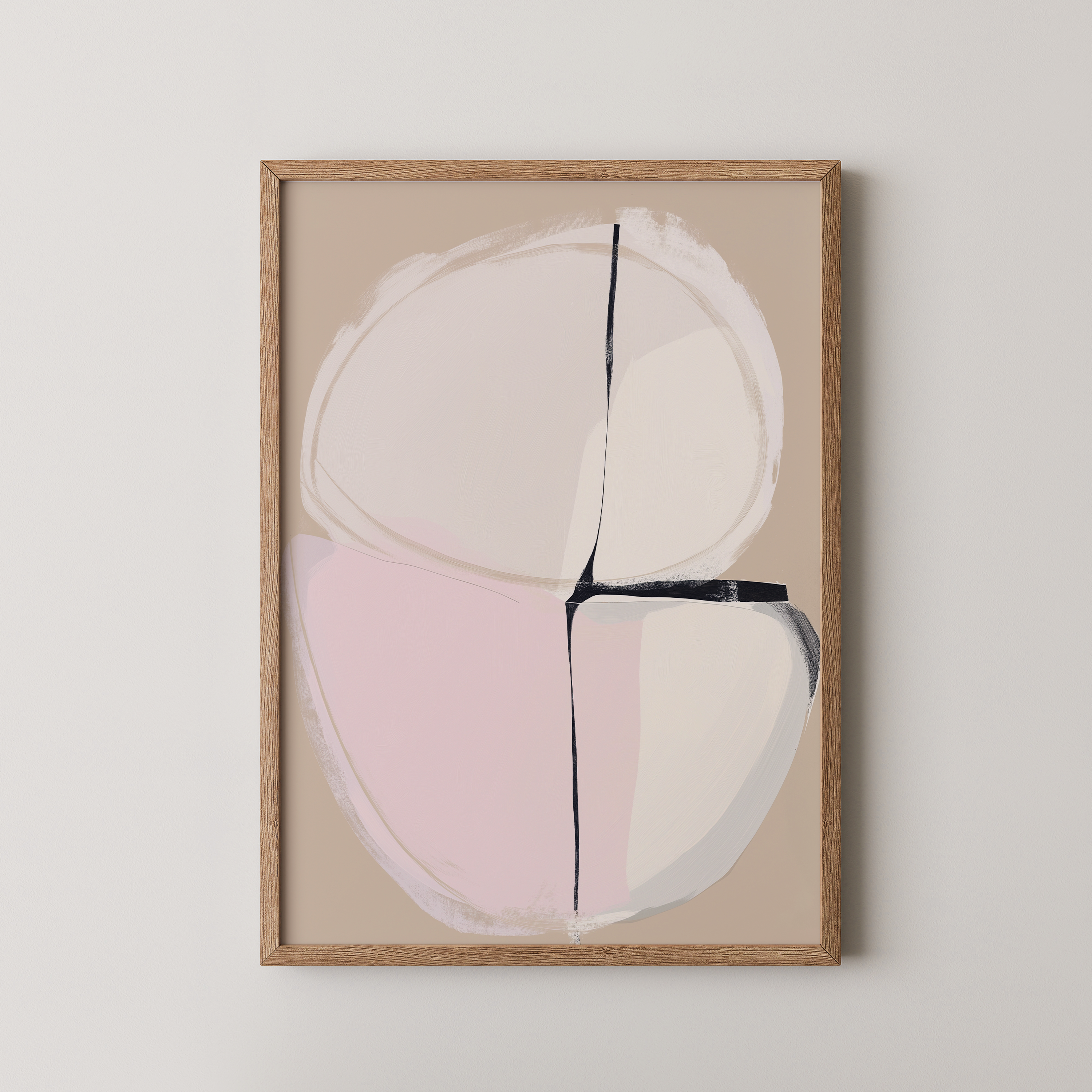 Tar יצירה מופשטת מינימליסטית בגווני חול, ורוד עדין ושחור במסגרת עץ בסגנון מודרני