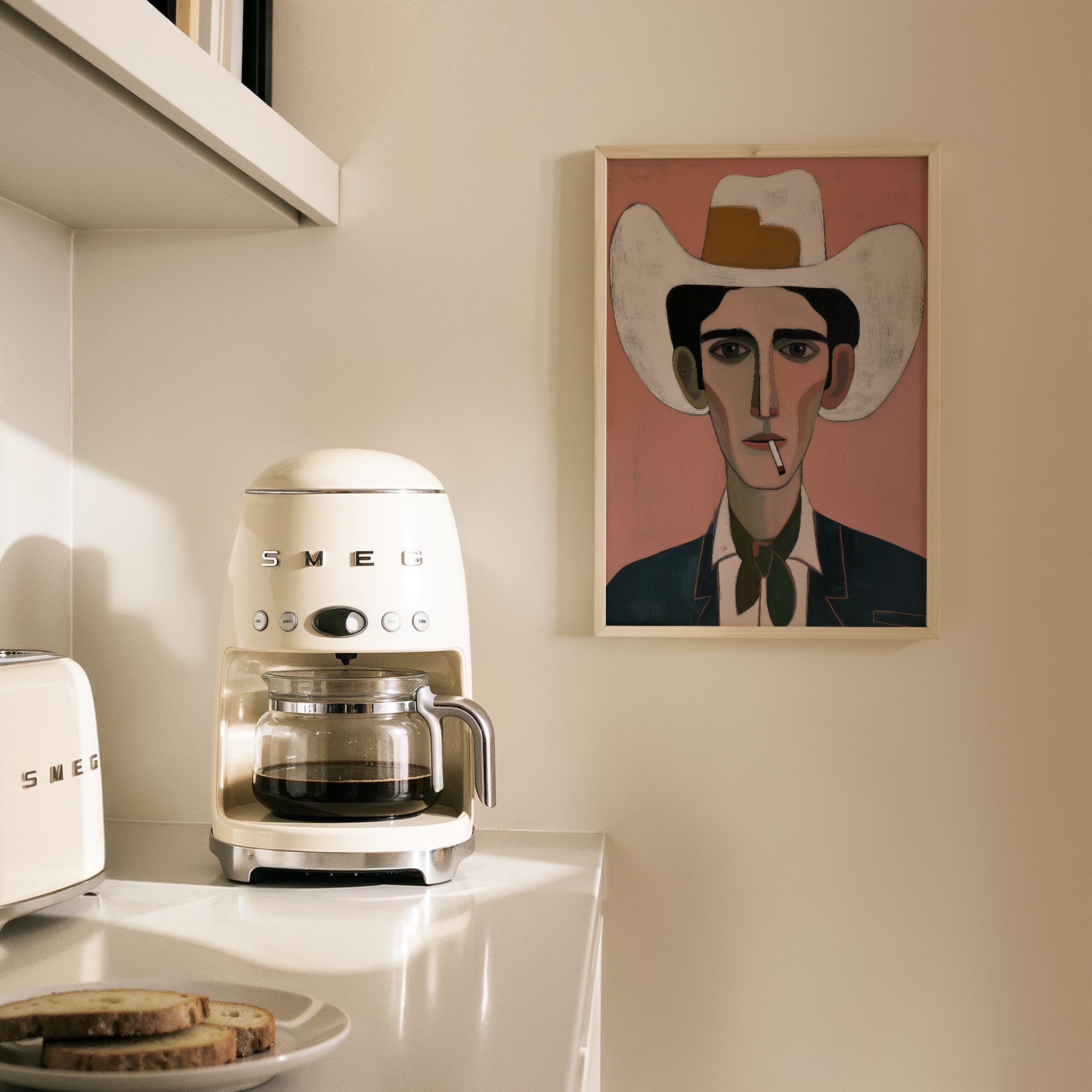 יצירה אמנותית עם דמות גברית מאוירת, כובע רחב, צבעי ורוד וירוק, סגנון מודרני מינימליסטי