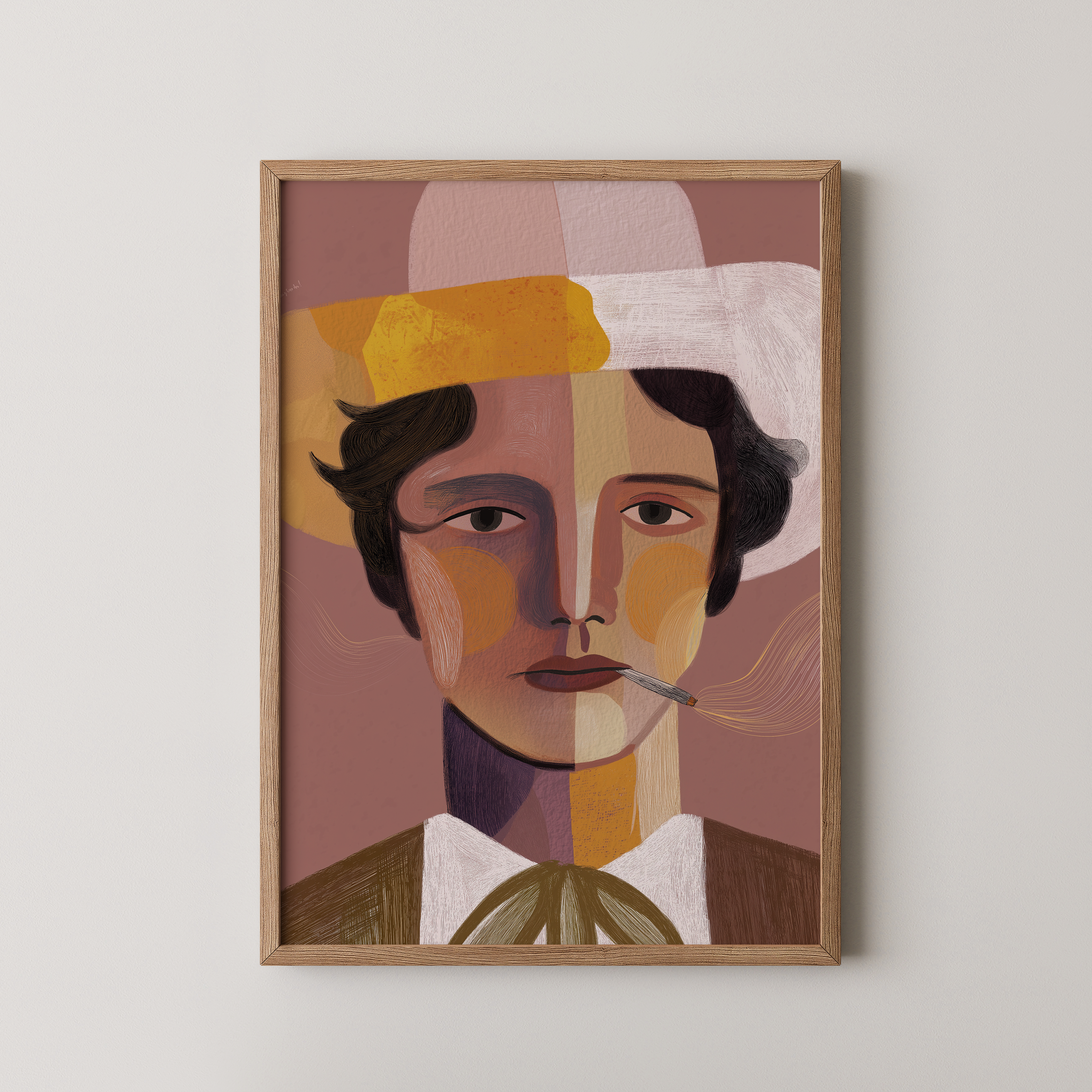 יצירה ממוסגרת של דמות גברית בשם Armand בסגנון אמנותי מודרני ובצבעים עמוקים