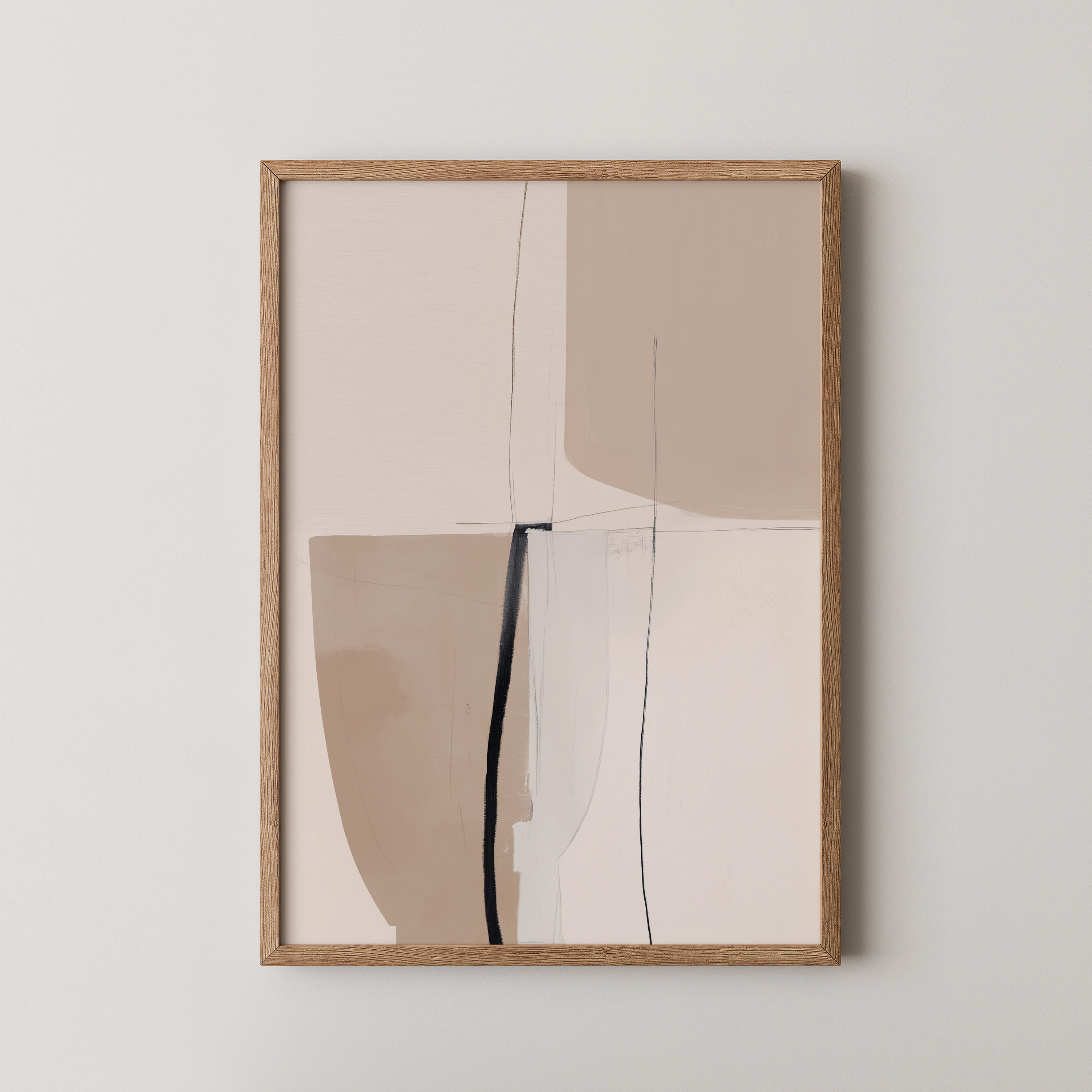 kalvi – יצירה מופשטת מינימליסטית בגווני בז' וחול עם קווים עדינים במסגרת עץ טבעי