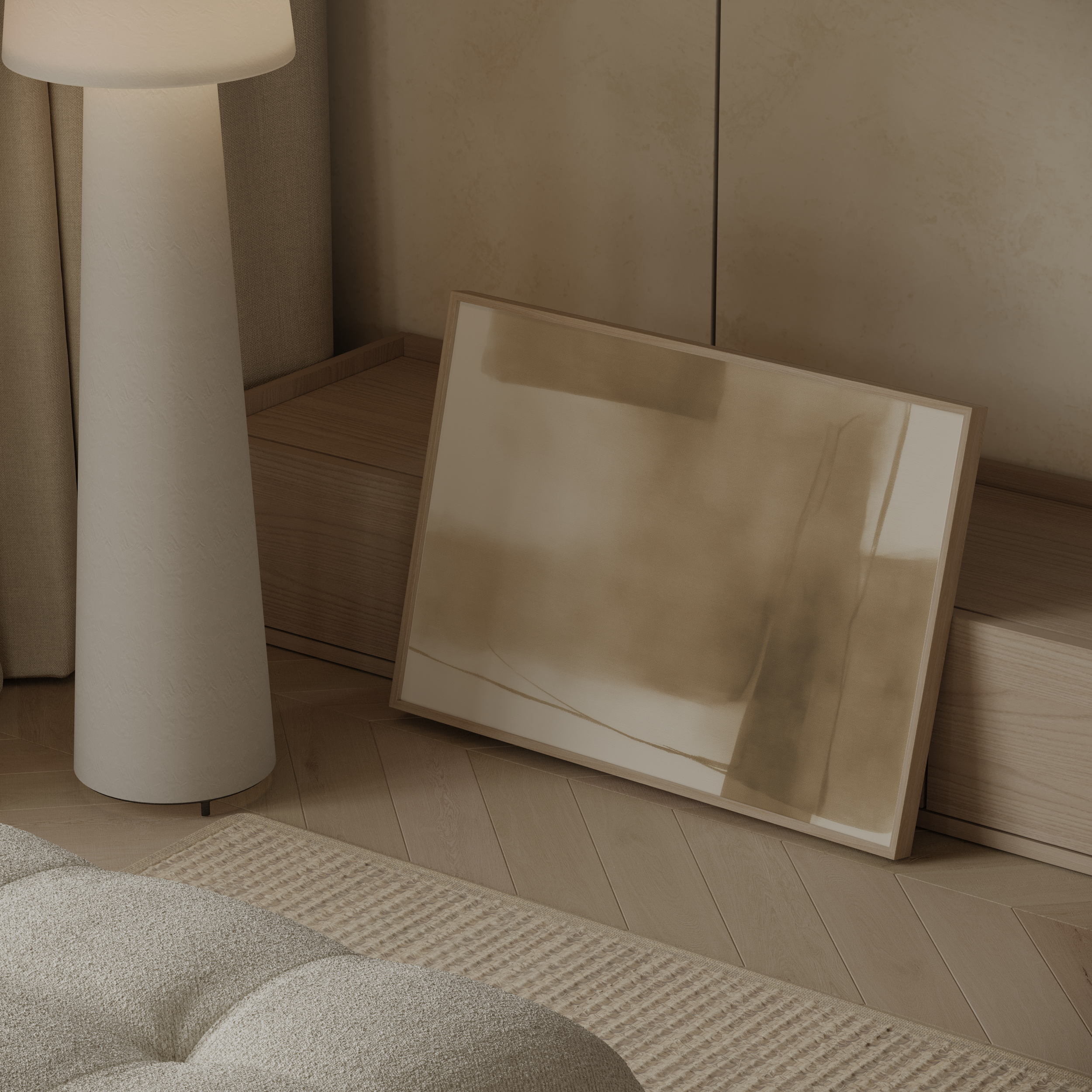 יצירת אמנות אבסטרקטית בגווני חול ובז’ עם משיכות צבע רכות ושקופות, בסגנון מינימליסטי.