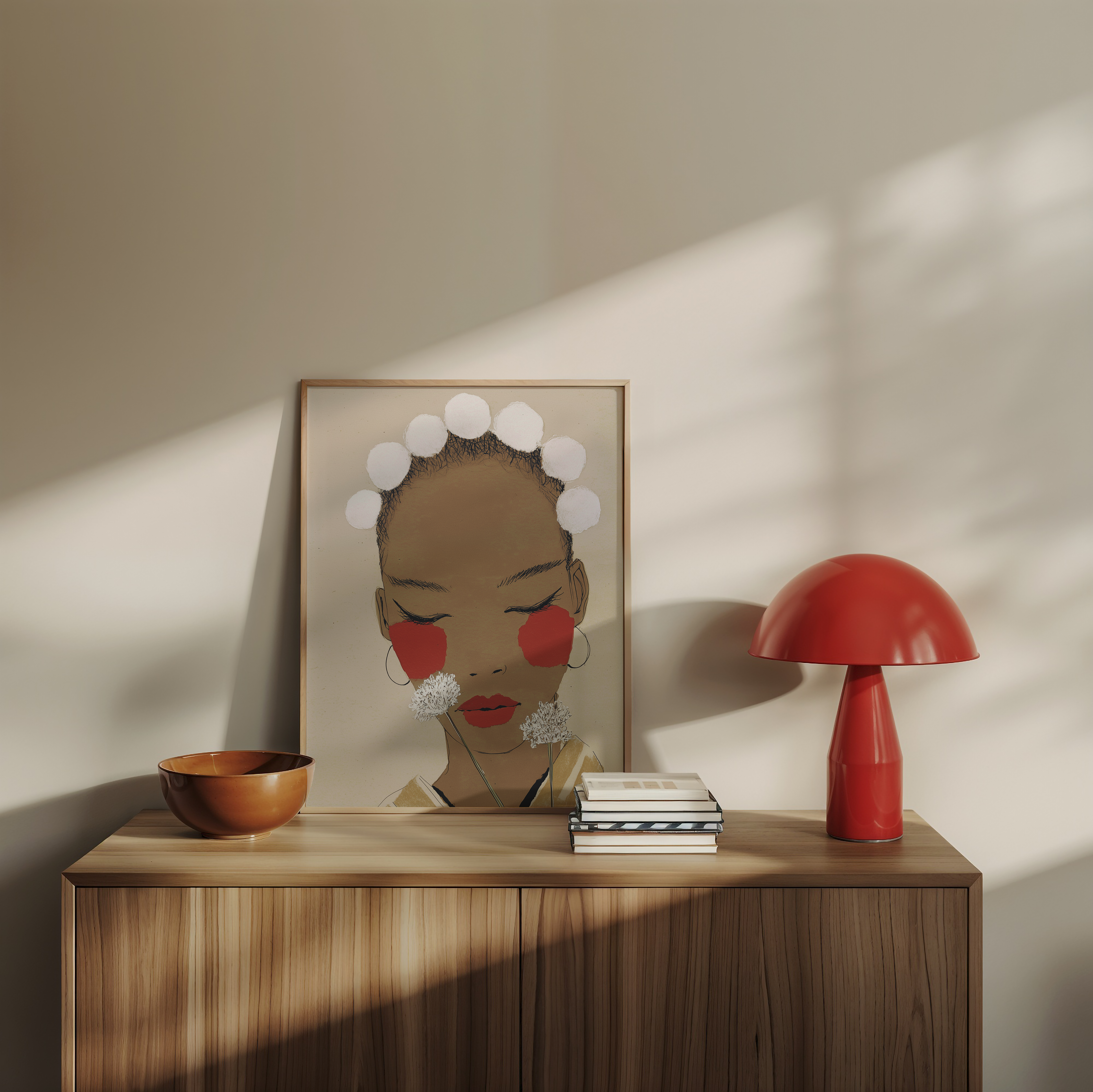 איור של דמות נשית בעיניים עצומות עם רקע ניטרלי, לחיים אדומות ופרחי שומר לבנים – יצירה מינימליסטית מהקולקציה של Trausi+Tosh
