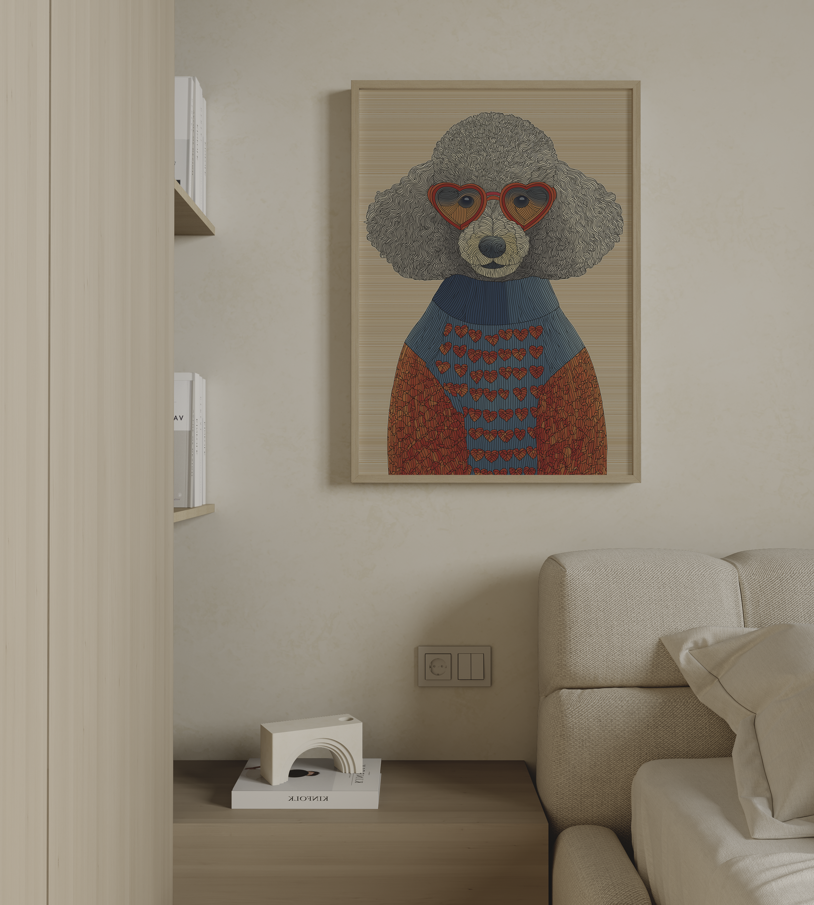 Coco איור פודל עם משקפי לב אדומים וסריג צבעוני בסגנון מודרני, ממוסגר בחלל מינימליסטי