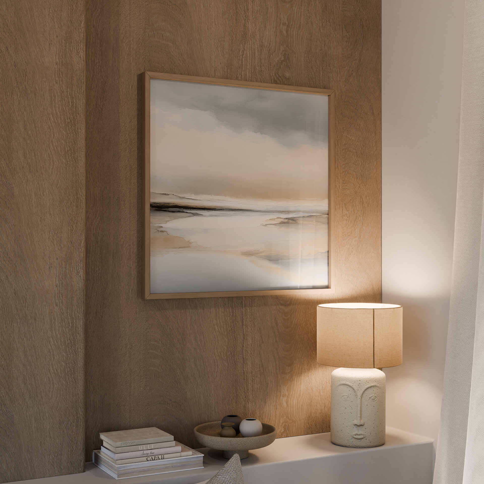 Vantara – יצירת נוף מופשט בגווני חול ואפור במסגרת עץ אלון