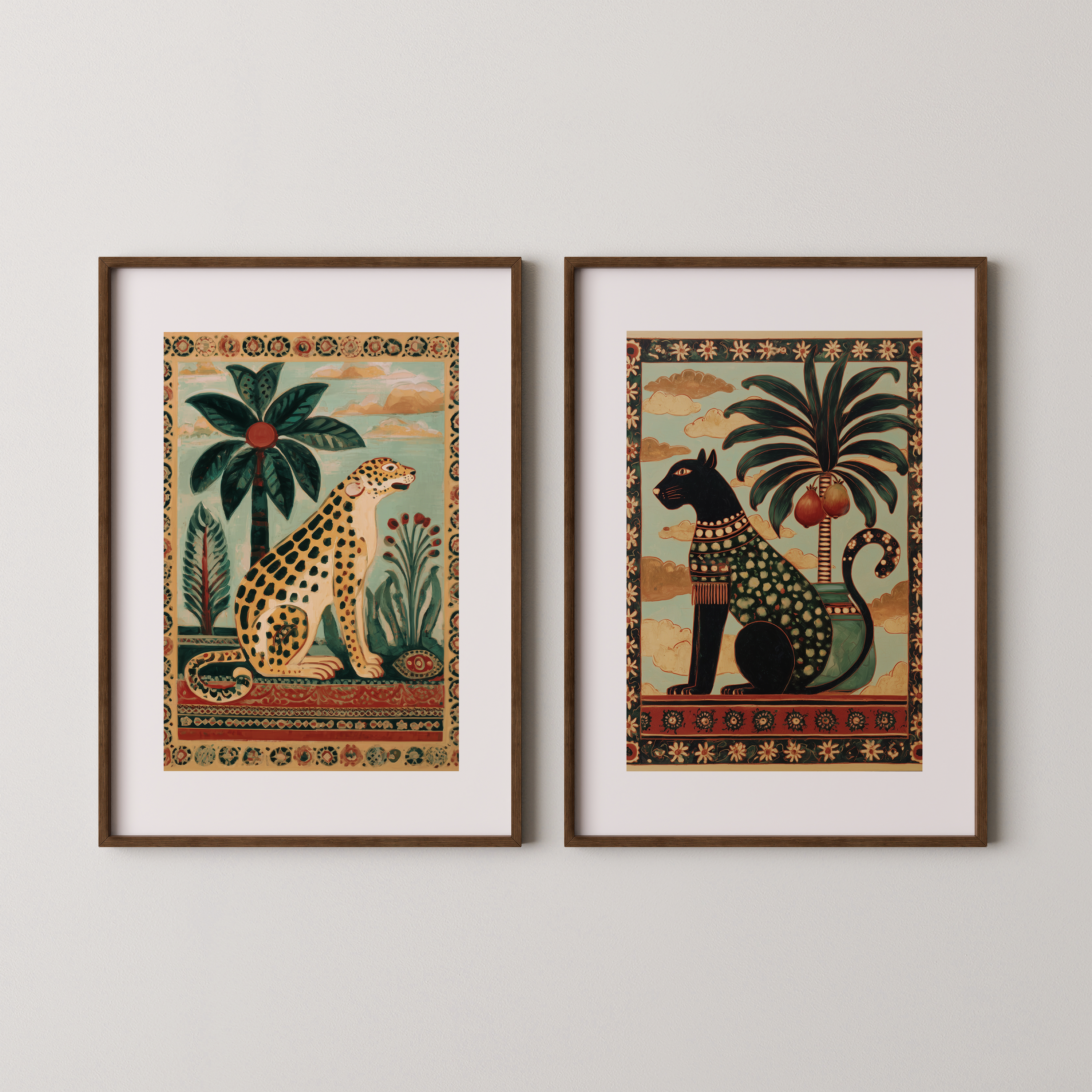 סט אמנות ממוסגר Selva Alta – חתול מצרי ופנתר טרופי עם צמחייה עשירה ודוגמאות אתניות.

