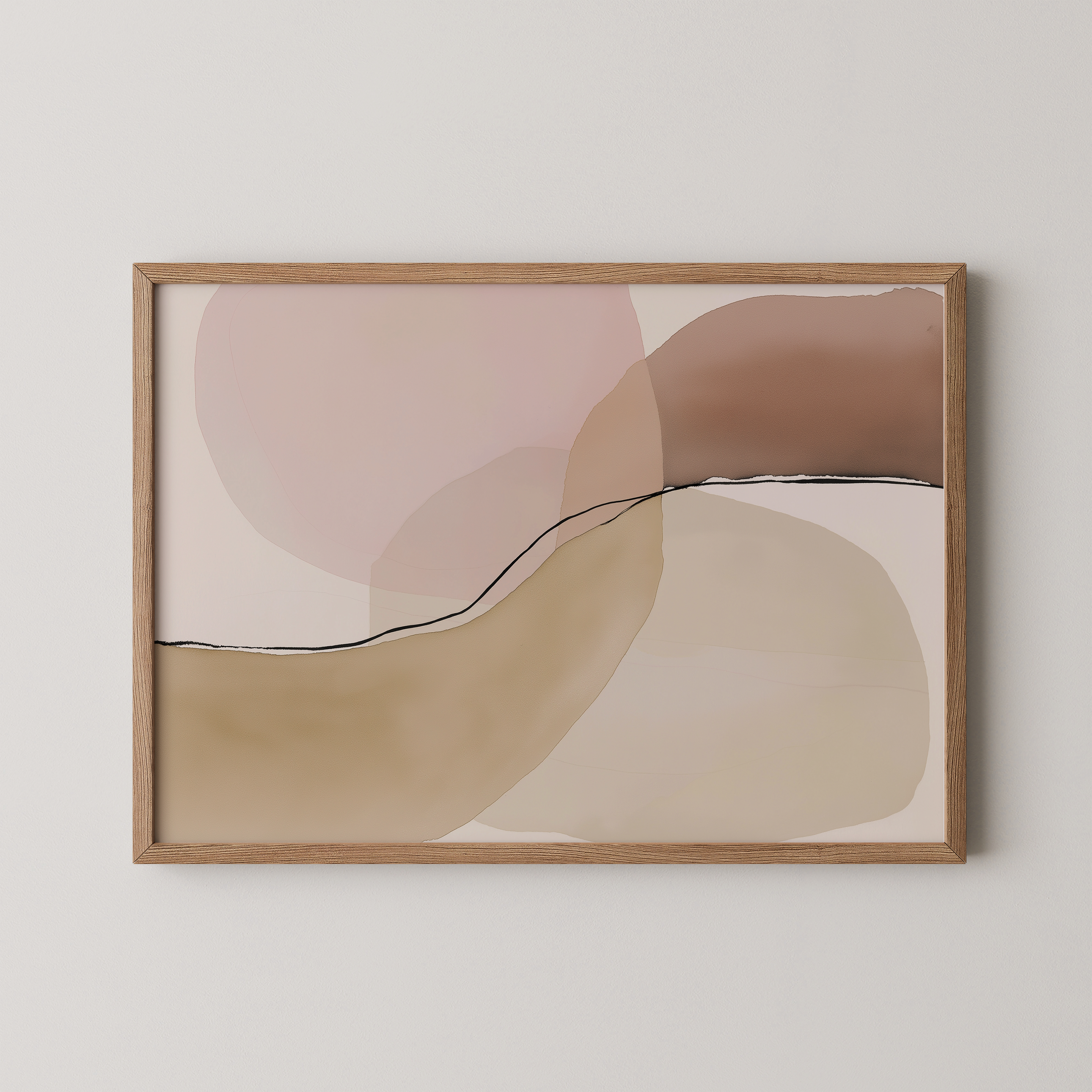 יצירת אמנות מופשטת Larev בגווני חול, טרקוטה ובז' עם קו אופקי עדין במסגרת עץ טבעי