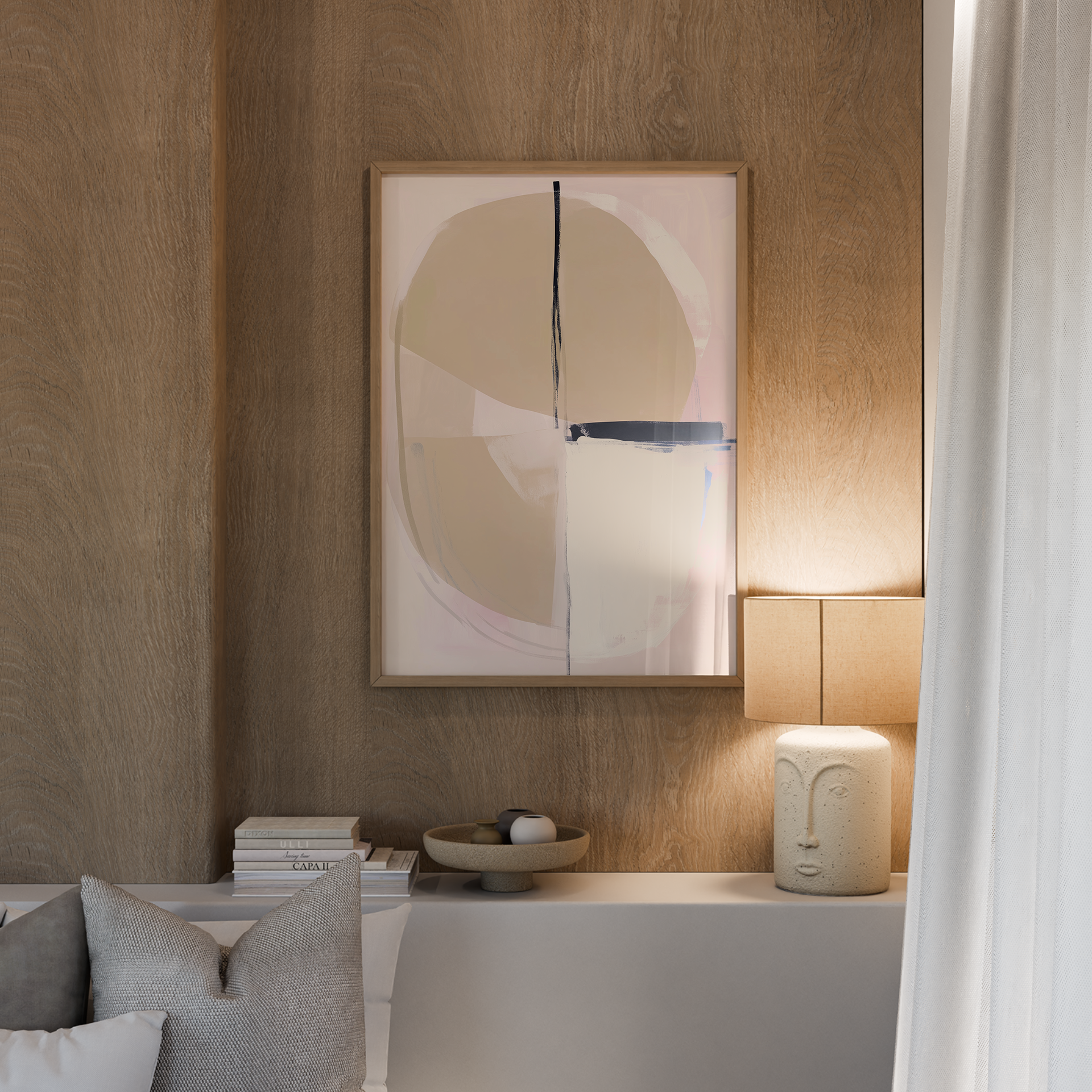 Torven יצירה מופשטת מינימליסטית בגווני בז', לבן ושחור במסגרת עץ בסגנון סקנדינבי