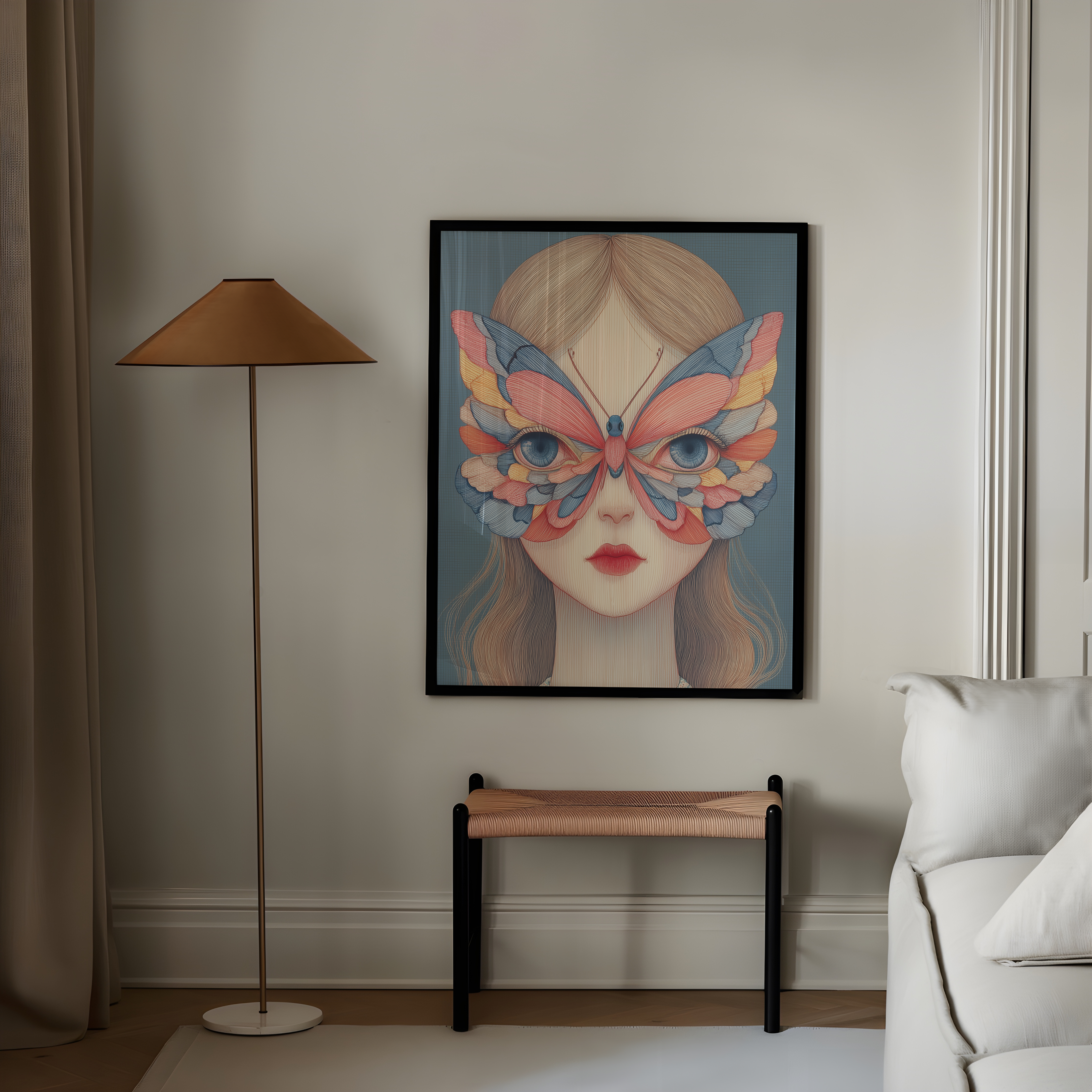 יצירת קיר Velinor עם דמות נשית ופרפר צבעוני על הפנים, בסגנון מודרני מאוזן