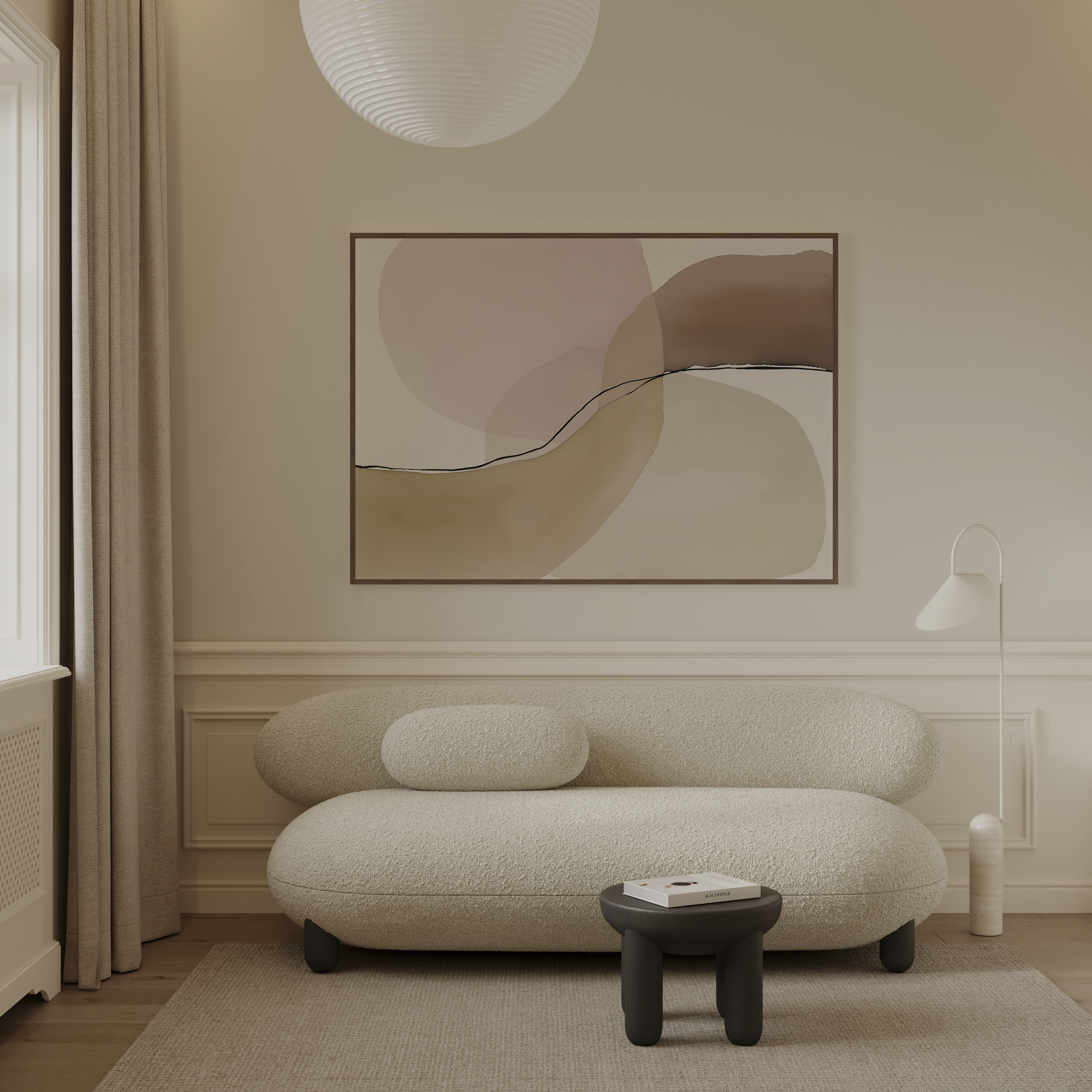 יצירת אמנות מופשטת Larev בגווני חול, טרקוטה ובז' עם קו אופקי עדין במסגרת עץ טבעי