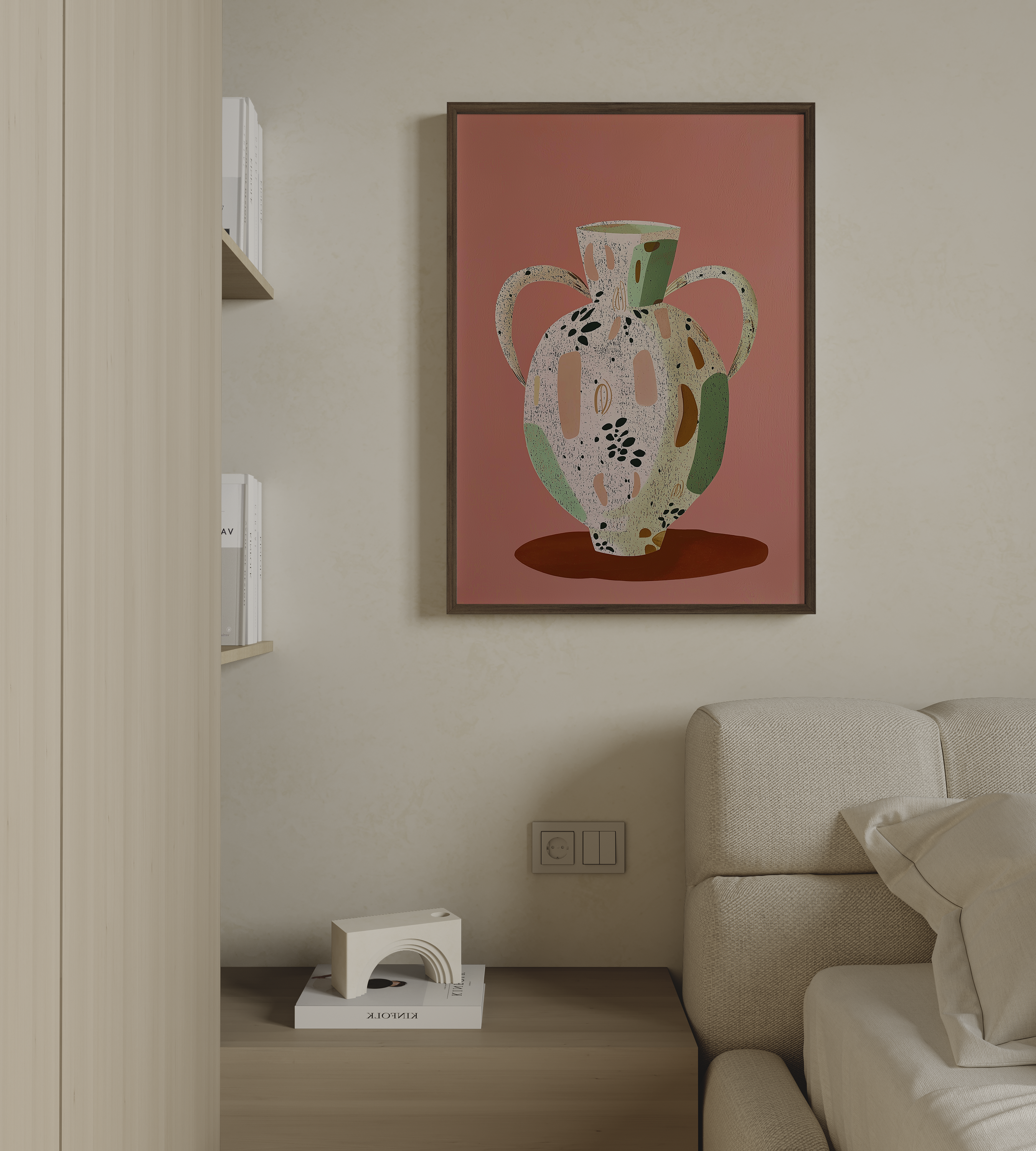 יצירת אמנות מודרנית בהשראת כלי קרמיקה עם צבעוניות חמה