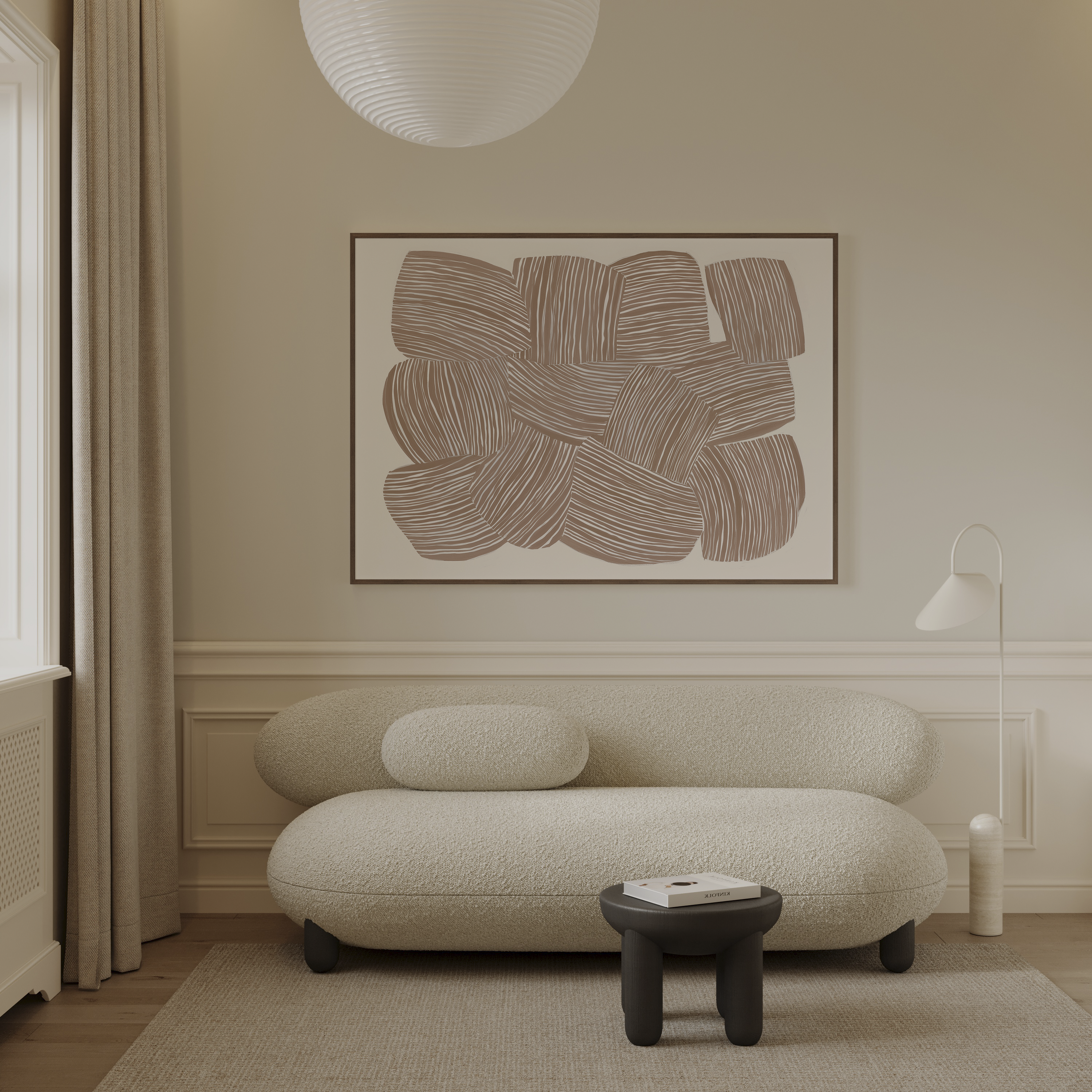 הדפס אמנותי מופשט SAVEN בגוונים טבעיים עם קווים ידניים, מוצג ממוסגר בחלל מודרני