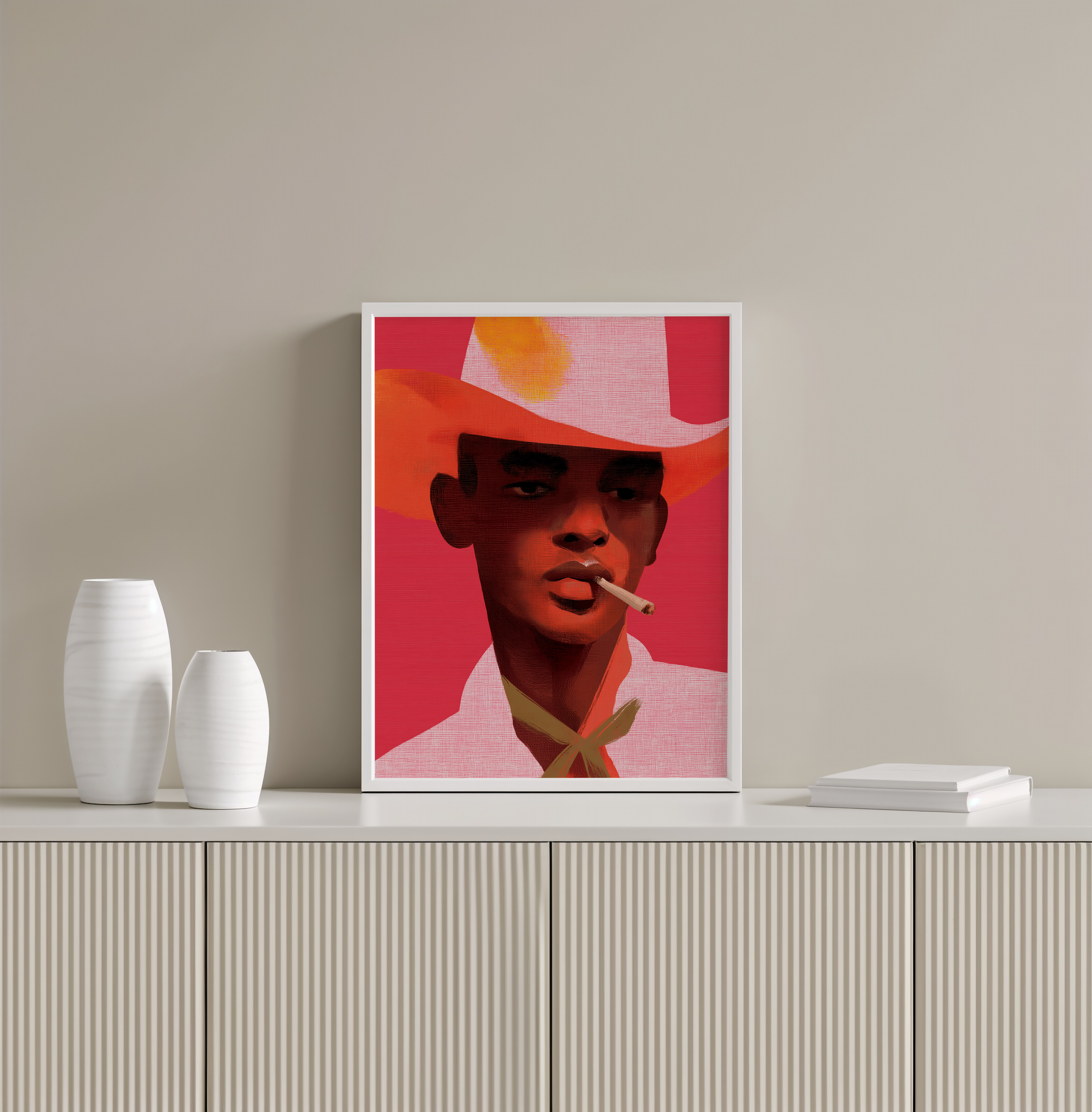 יצירה ממוסגרת Leon – דמות גברית עם כובע וסיגריה בגווני אדום וורוד, אמנות מודרנית עם נוכחות ועומק לחלל