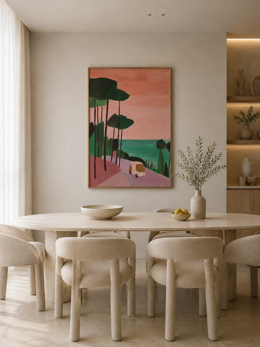 MIREVA by Danielle Berlot – יצירת אמנות בגווני ורוד, ירוק וטורקיז עם נוף ים־תיכוני, עצים, ים ורכב בדרך