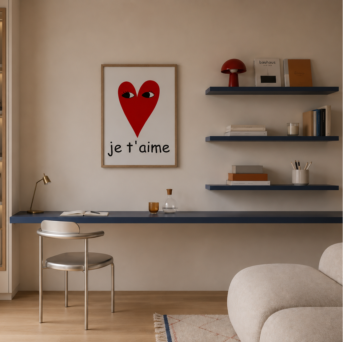 Je T'aime – איור מינימליסטי של לב אדום עם עיניים והכיתוב Je t'aime במסגרת עץ אלון, יצירת אמנות של דניאל ברלוט.