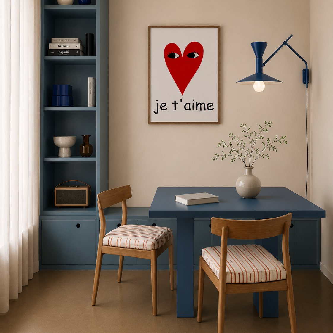 Je T'aime – איור מינימליסטי של לב אדום עם עיניים והכיתוב Je t'aime במסגרת עץ אלון, יצירת אמנות של דניאל ברלוט.