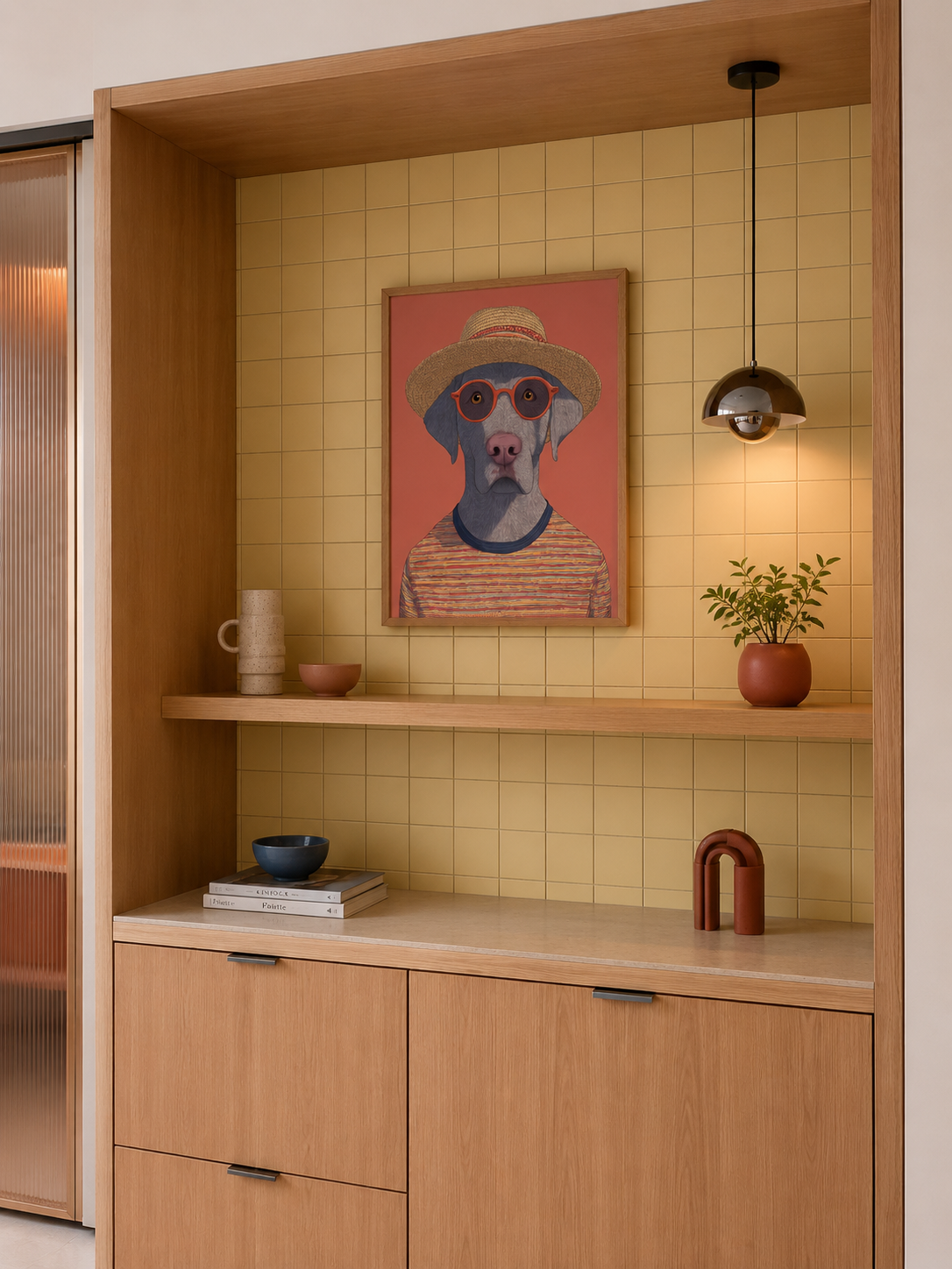 Archie by Danielle Berlot – colorful dog illustration with hat and glasses in oak frame