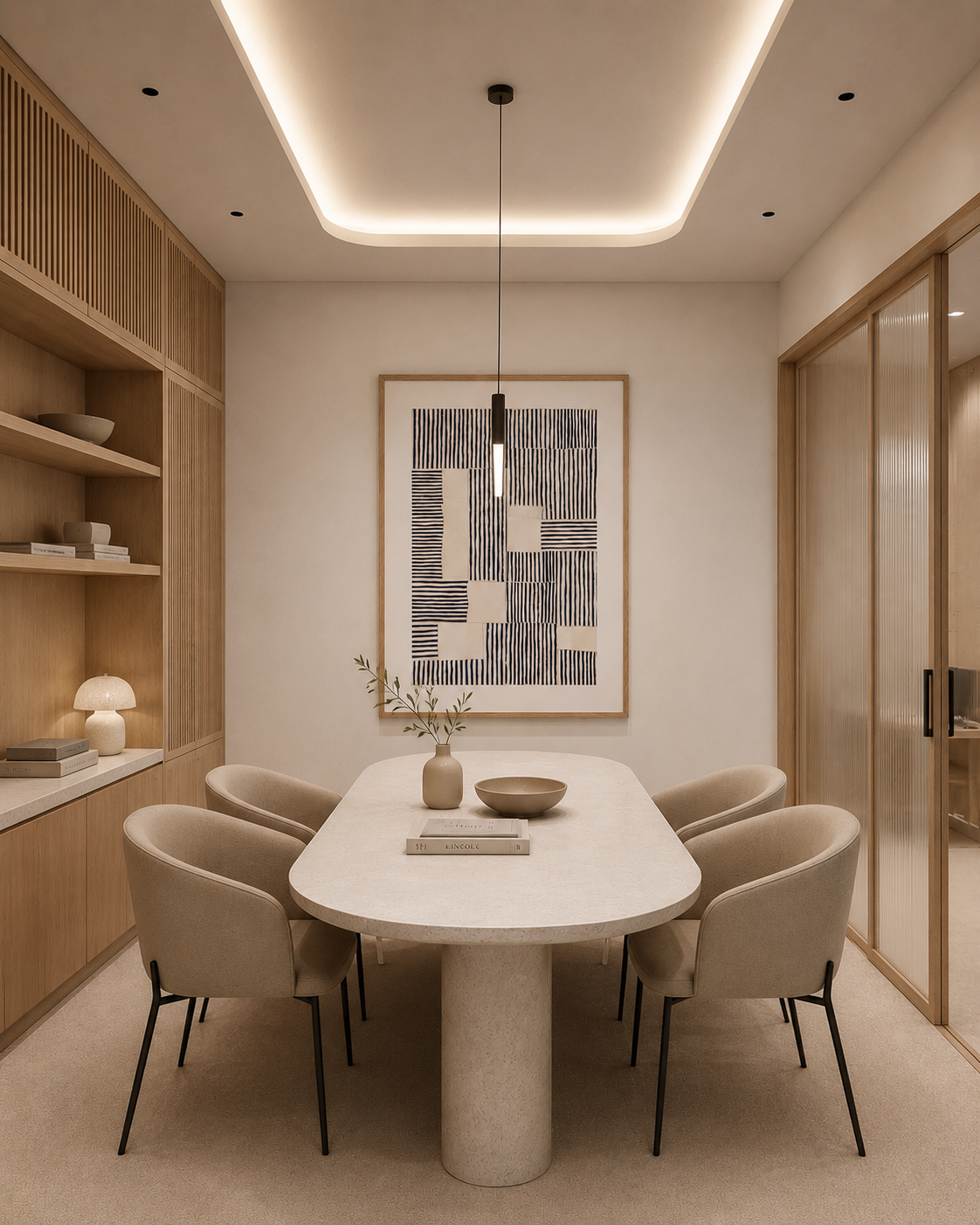 Rivage מאת דניאל ברלוט – יצירה אבסטרקטית מינימליסטית בגווני שחור ושמנת עם קומפוזיציה גאומטרית של קווים אנכיים ואופקיים במסגרת עץ אלון.