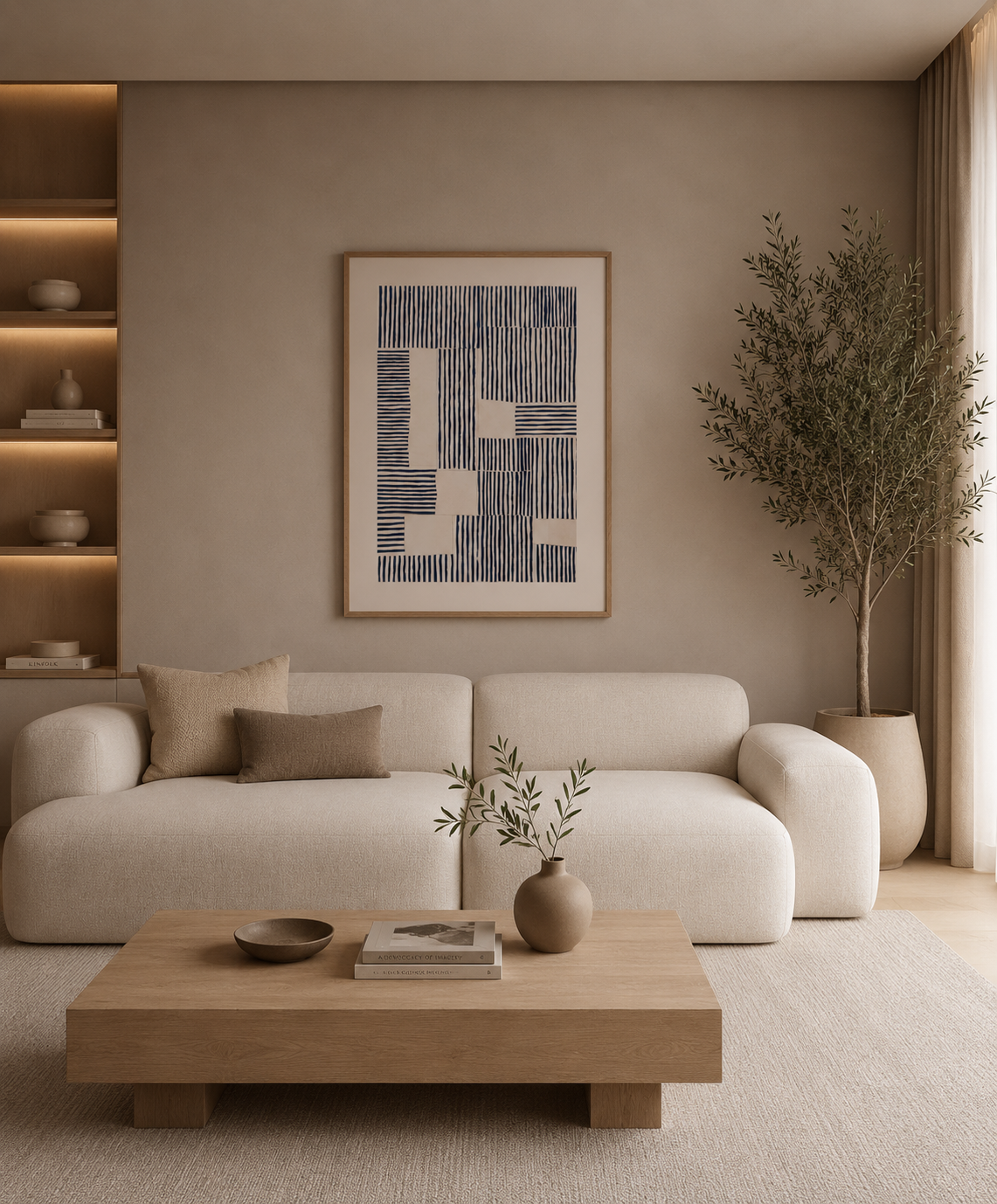 Rivage מאת דניאל ברלוט – יצירה אבסטרקטית מינימליסטית בגווני שחור ושמנת עם קומפוזיציה גאומטרית של קווים אנכיים ואופקיים במסגרת עץ אלון.