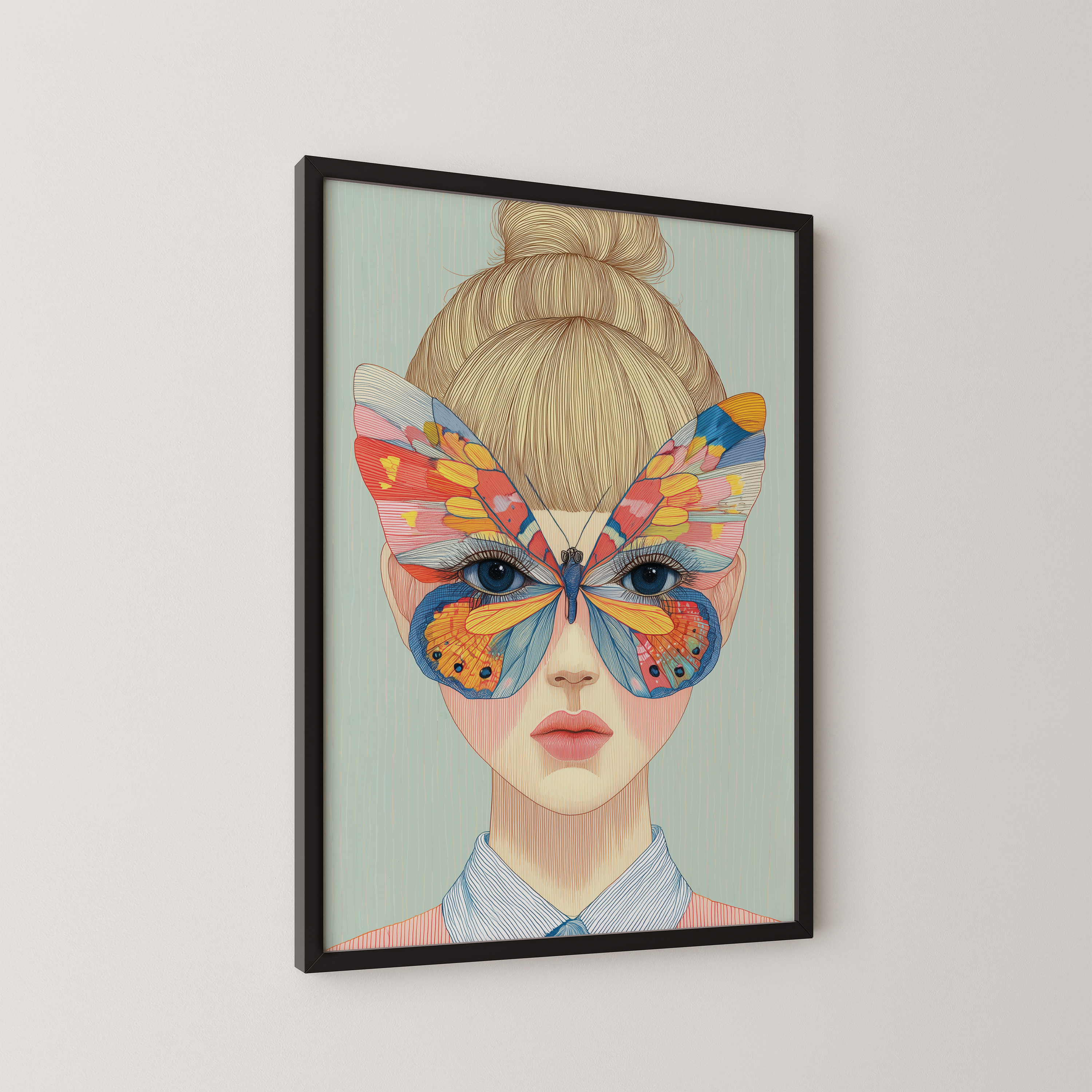 יצירת קיר Daph עם דמות נשית ופרפר צבעוני בגוונים חמים וקרים על הפנים