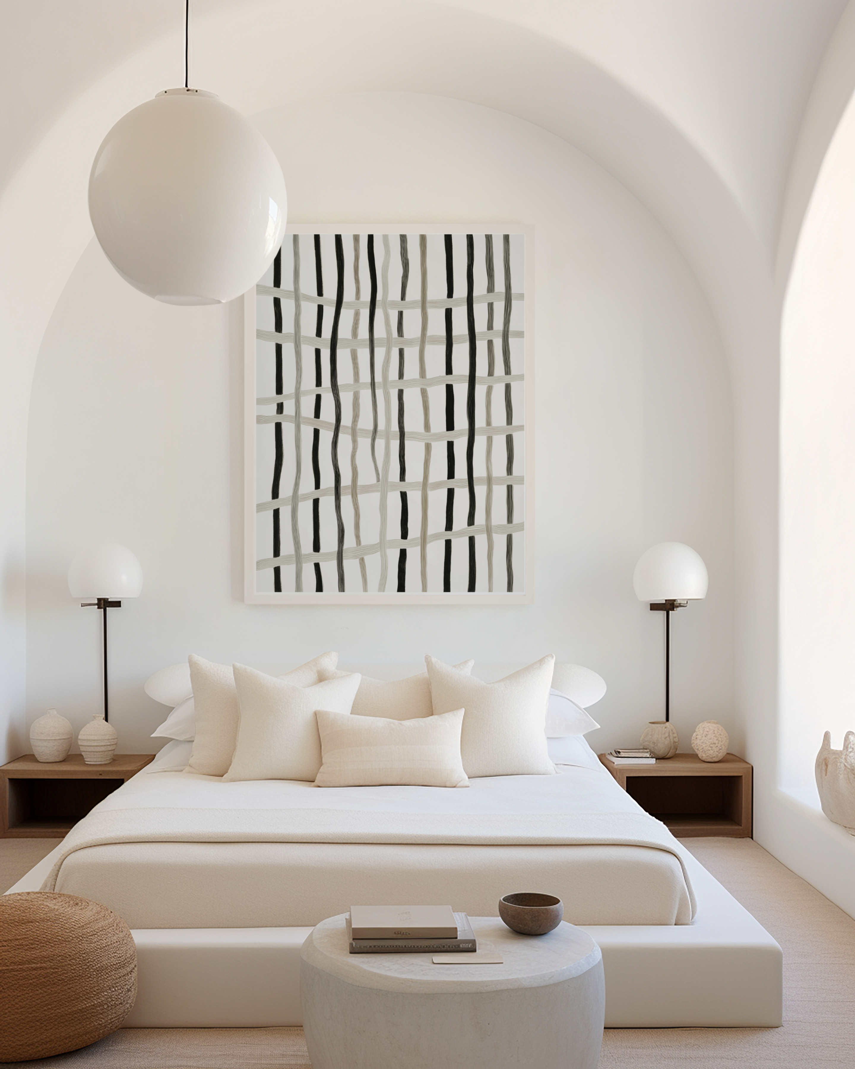 הדפס אמנותי מופשט בשם Elven עם קווים אנכיים ואופקיים בגווני שחור ואבן, במסגרת עץ, בסגנון מינימליסטי טבעי.