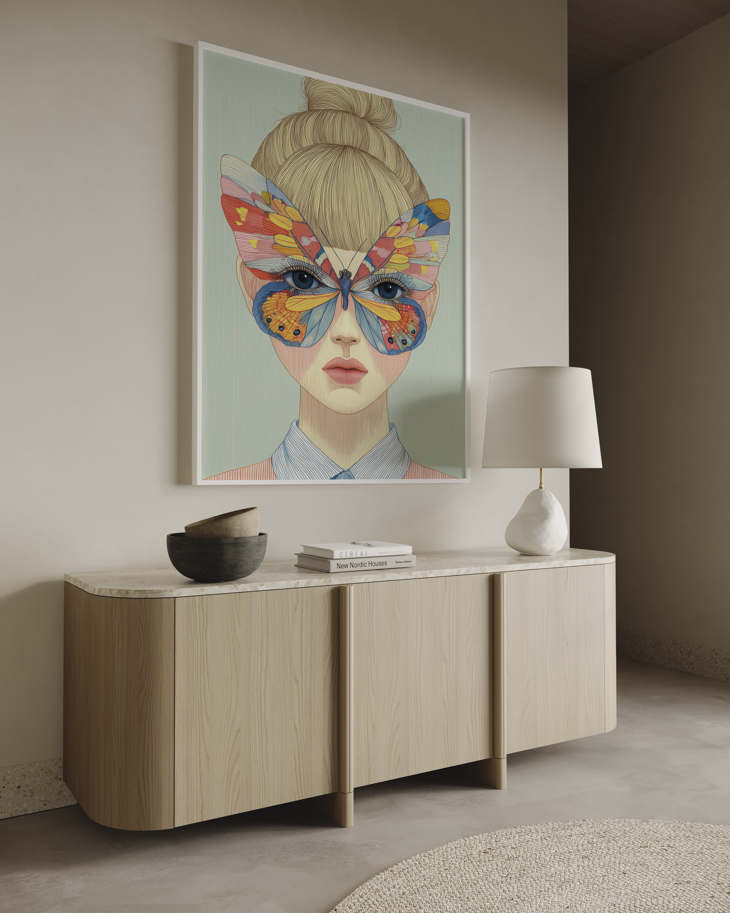 יצירת קיר Daph עם דמות נשית ופרפר צבעוני בגוונים חמים וקרים על הפנים