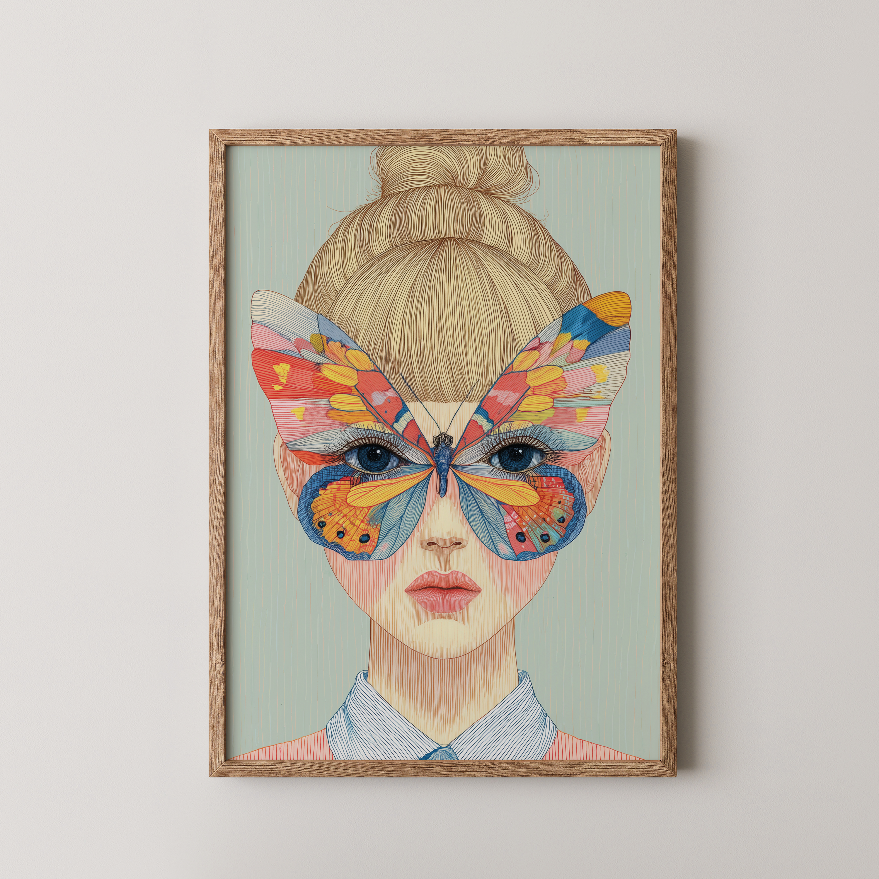 יצירת קיר Daph עם דמות נשית ופרפר צבעוני בגוונים חמים וקרים על הפנים