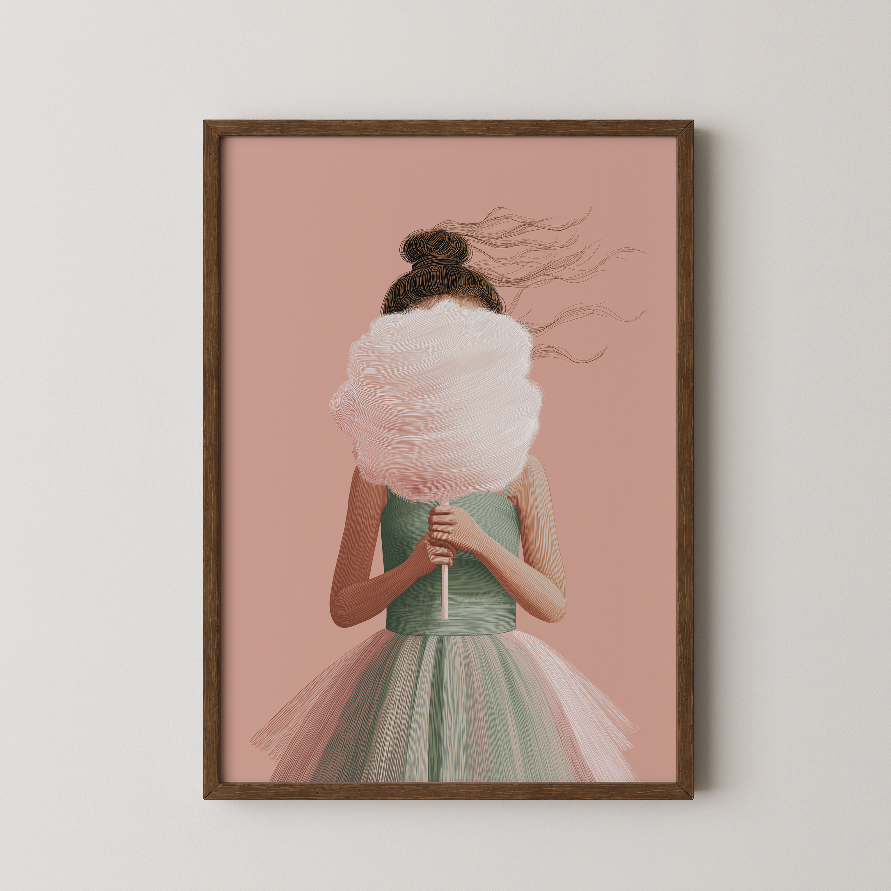 יצירת קיר איורית של ילדה בשמלה עדינה המחזיקה צמר גפן מתוק על רקע ורוד רך