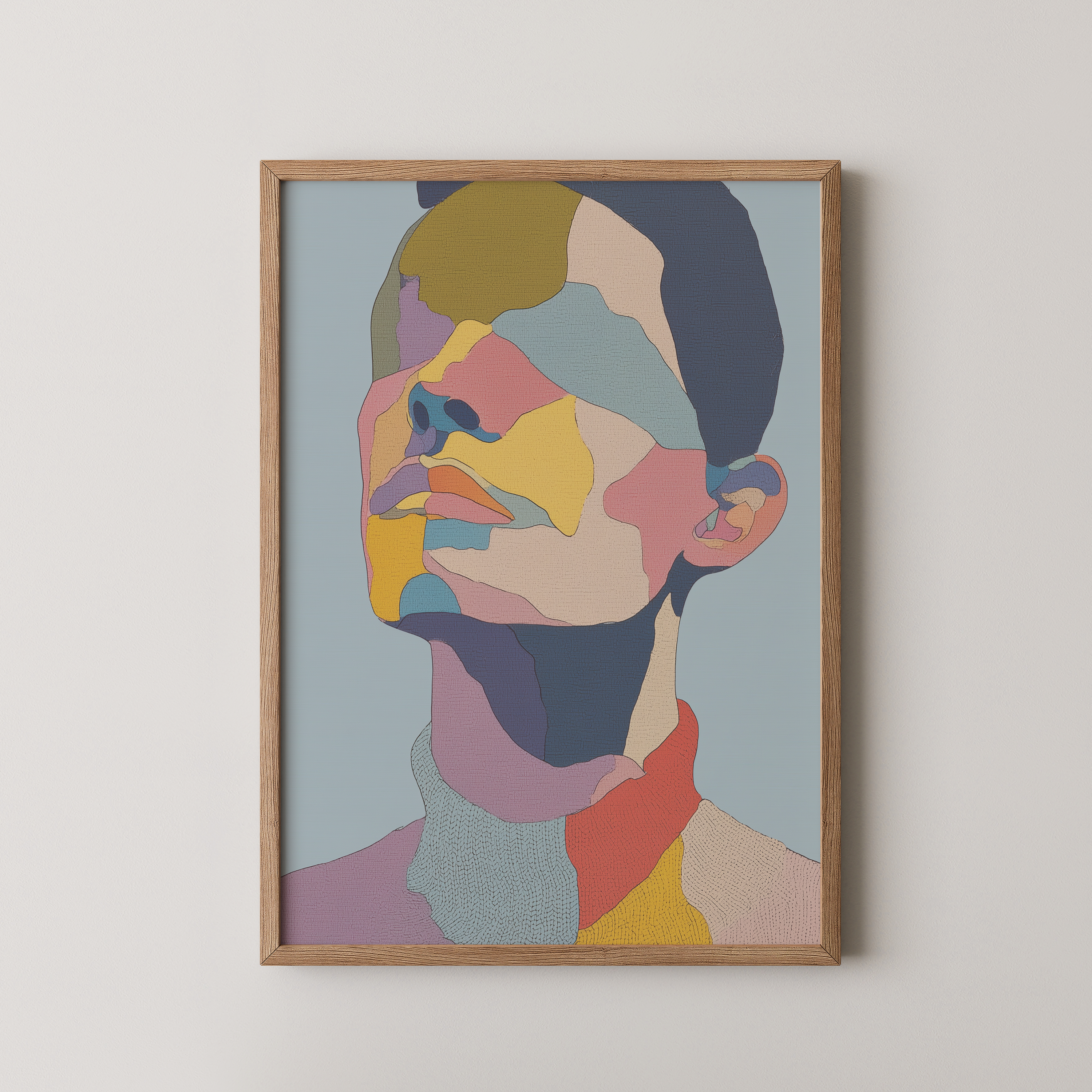 יצירה ממוסגרת Vérin בצבעים מופשטים על רקע תכלת – Trausi+Tosh